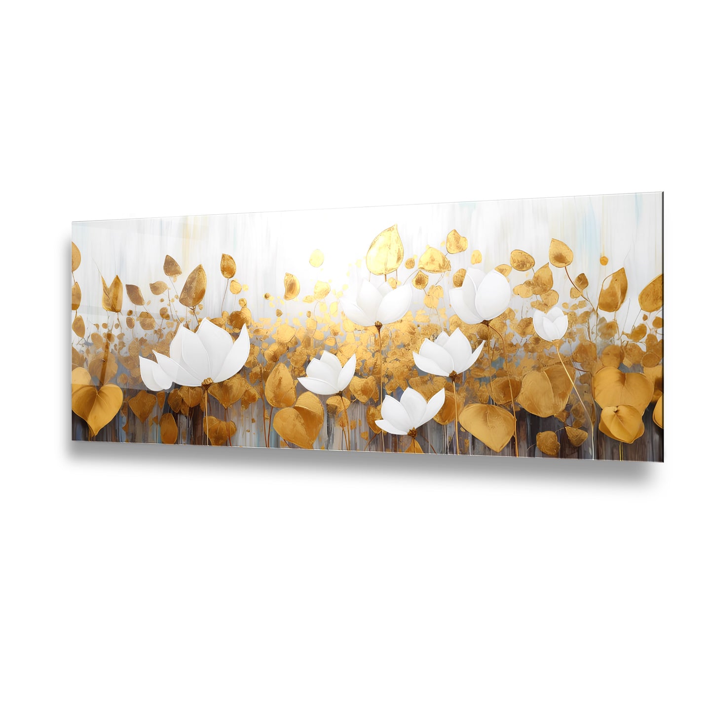 Gold Çiçekler Panoramik Cam Tablo