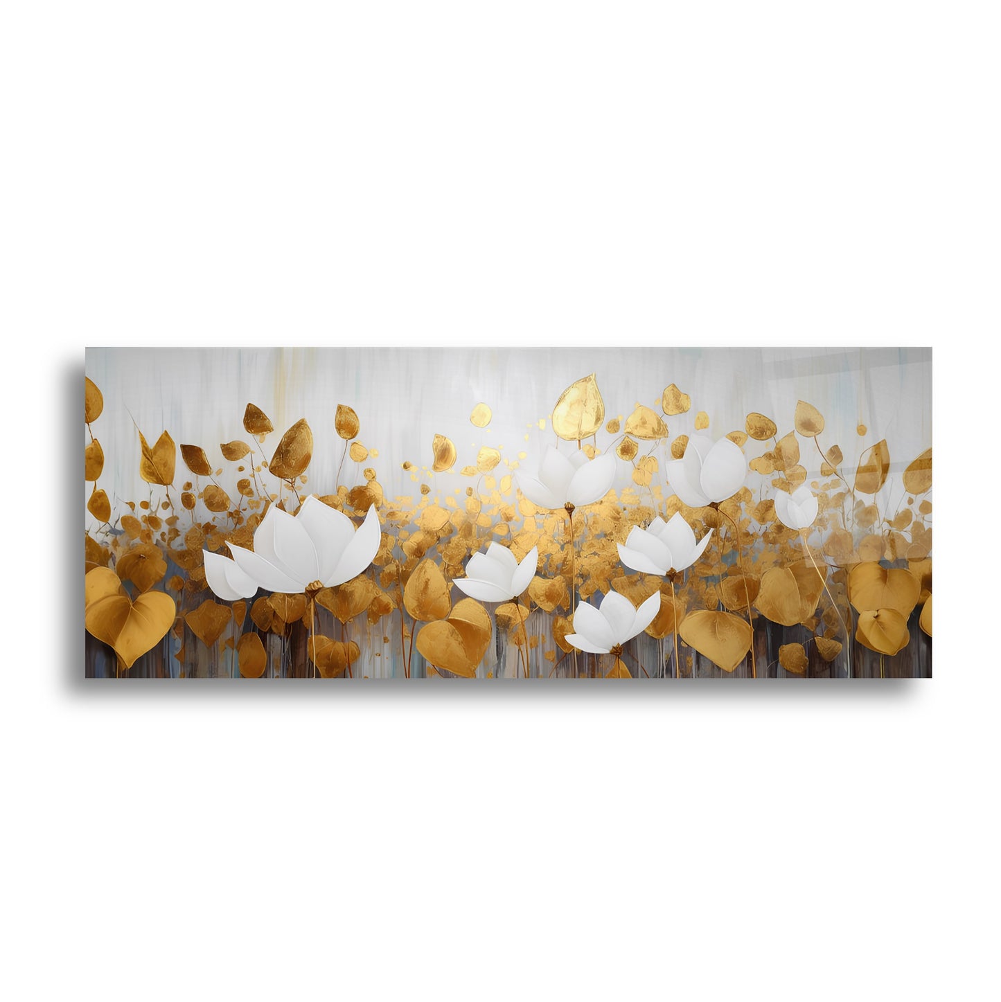 Gold Çiçekler Panoramik Cam Tablo