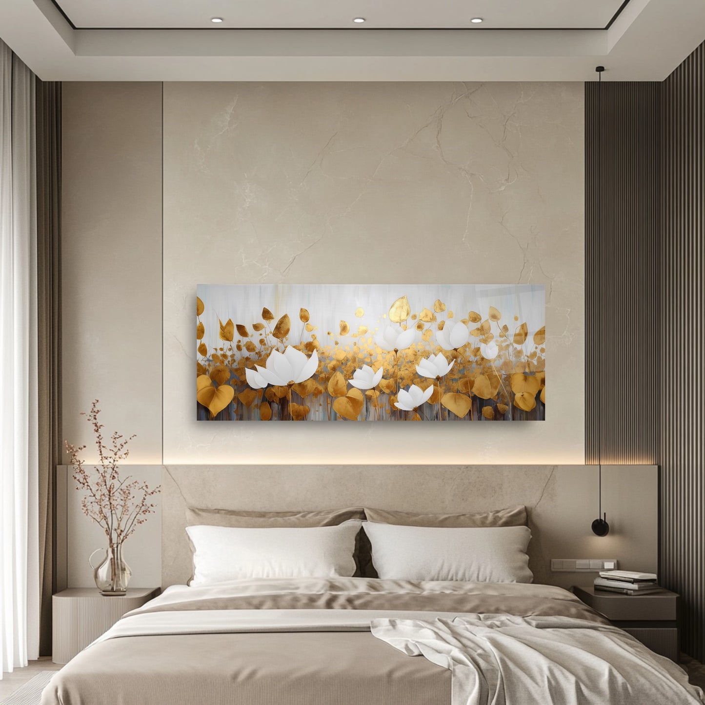 Gold Çiçekler Panoramik Cam Tablo
