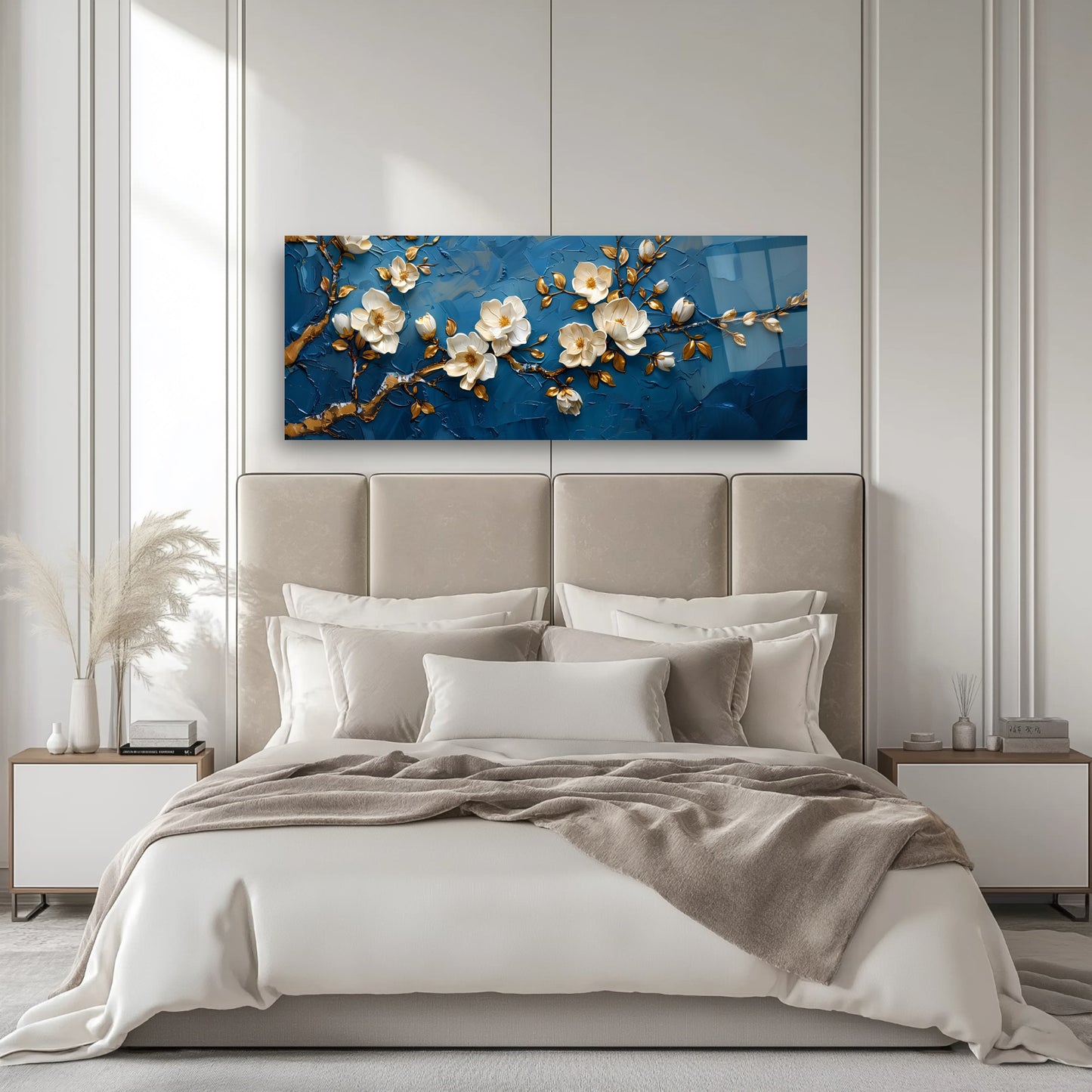 Beyaz Çiçekler Panoramik Cam Tablo