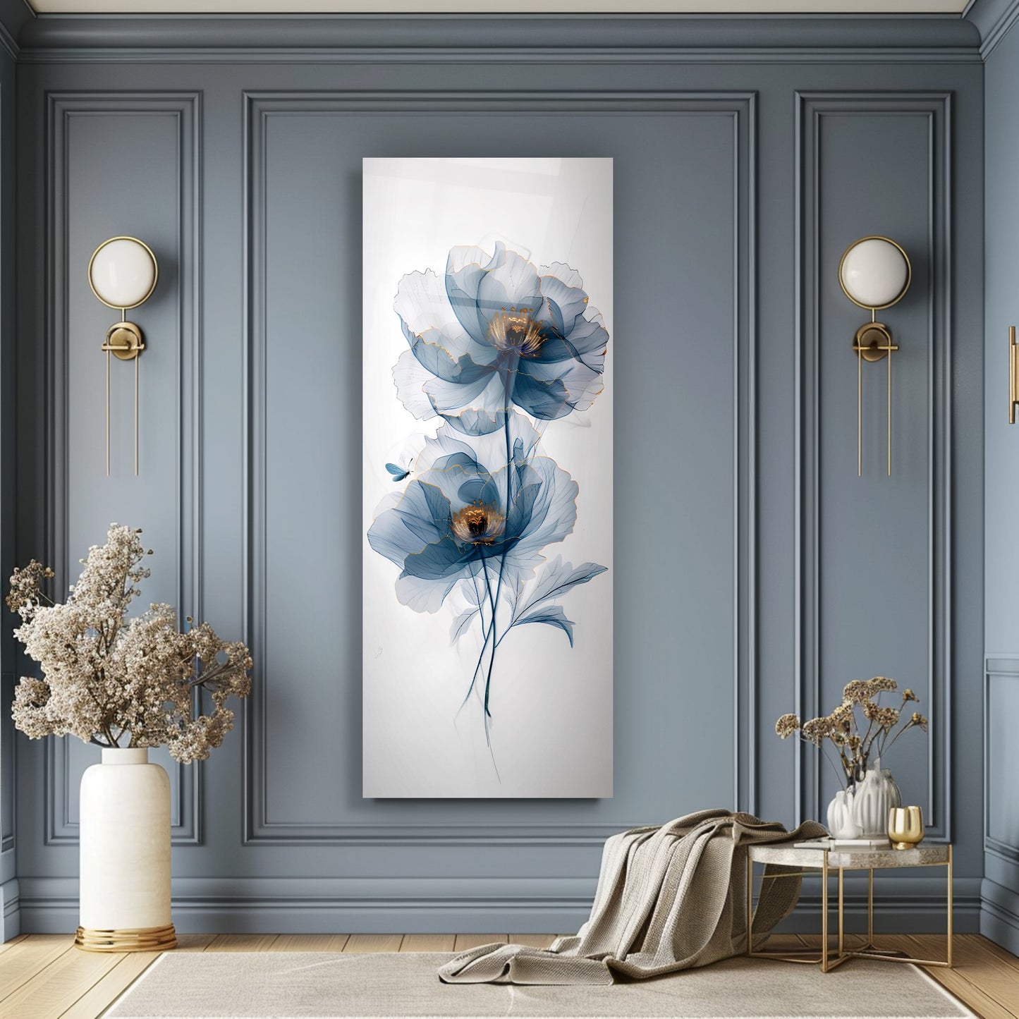 Mavi Çiçek Panoramik Cam Tablo