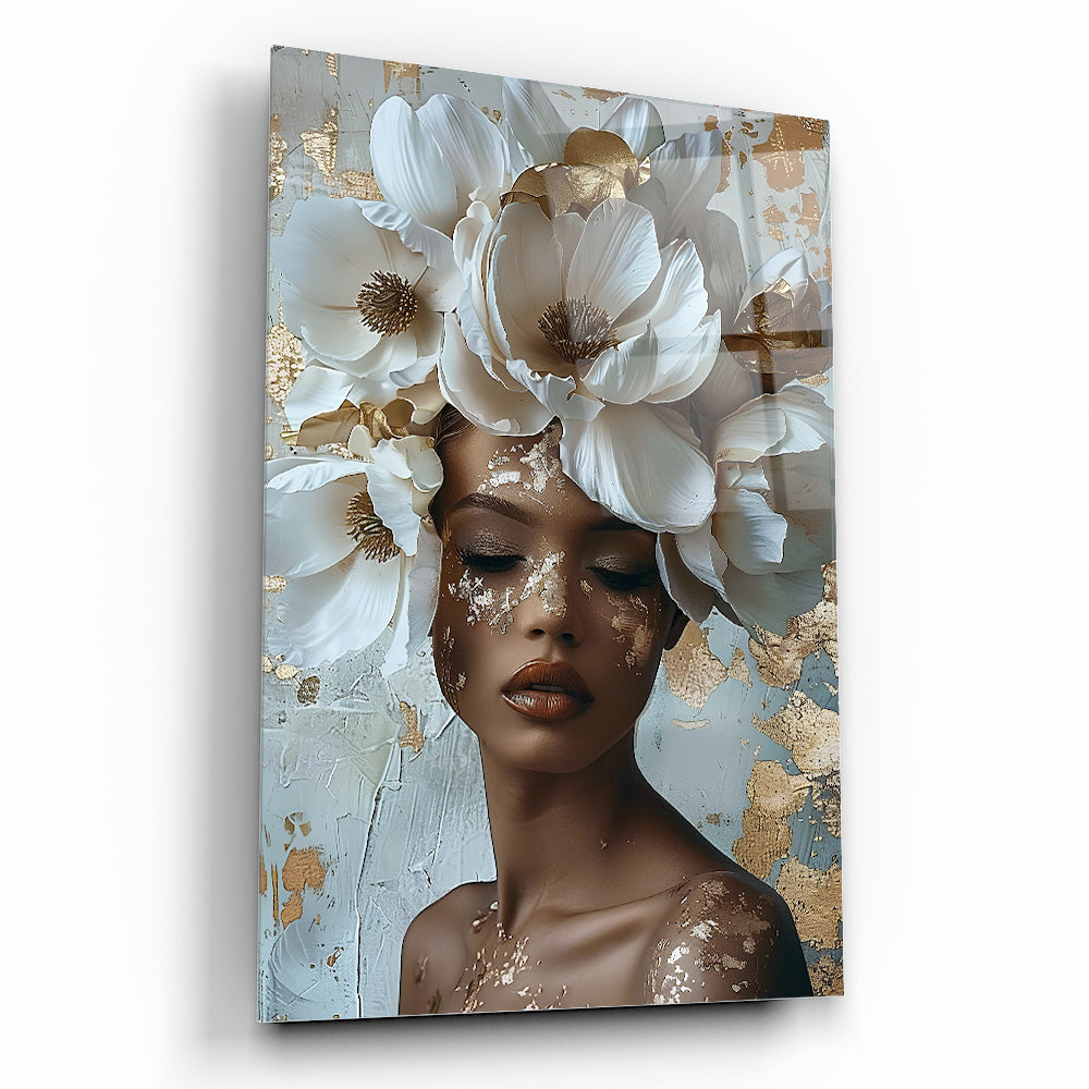 Gold Çiçekli Kadın Cam Tablo