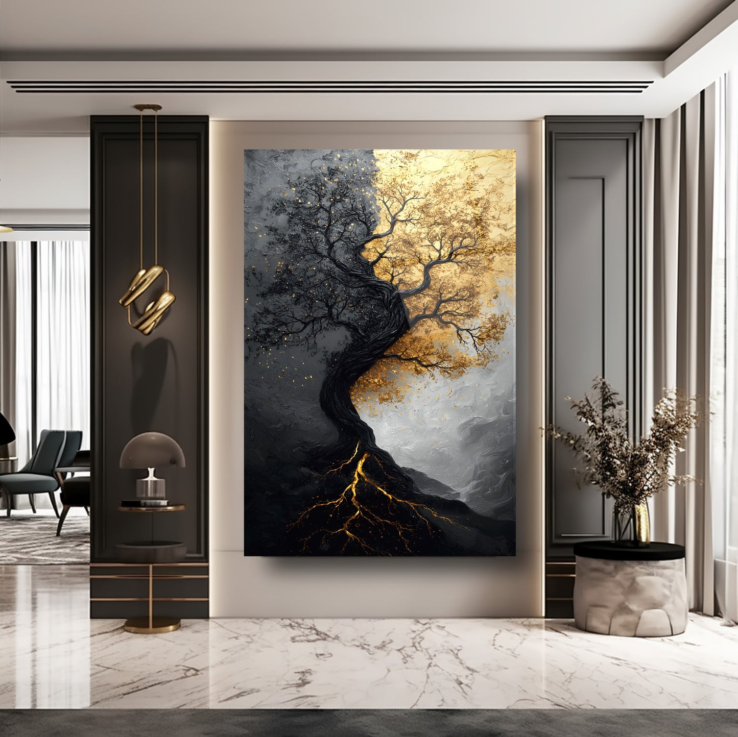 Siyah Beyaz Gold Ağaç Cam Tablo