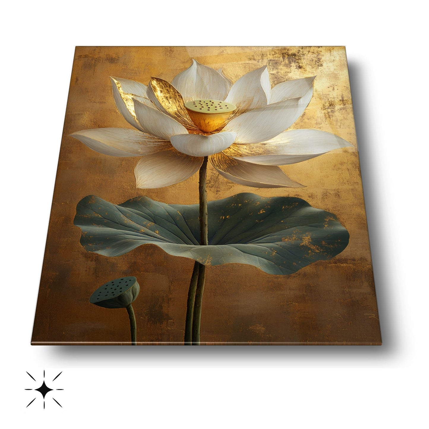 Gold Detaylı Beyaz Çiçek Cam Tablo