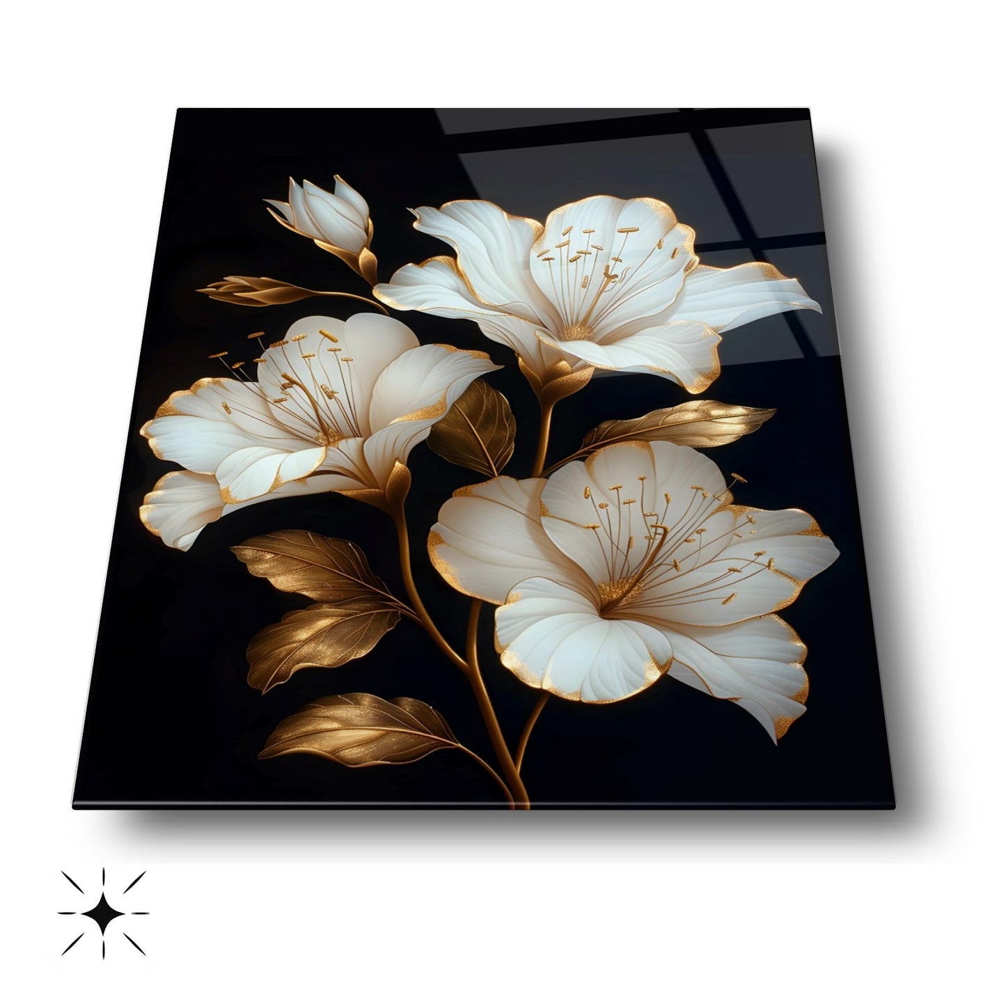 Gold Detaylı Beyaz Çiçek Cam Tablo