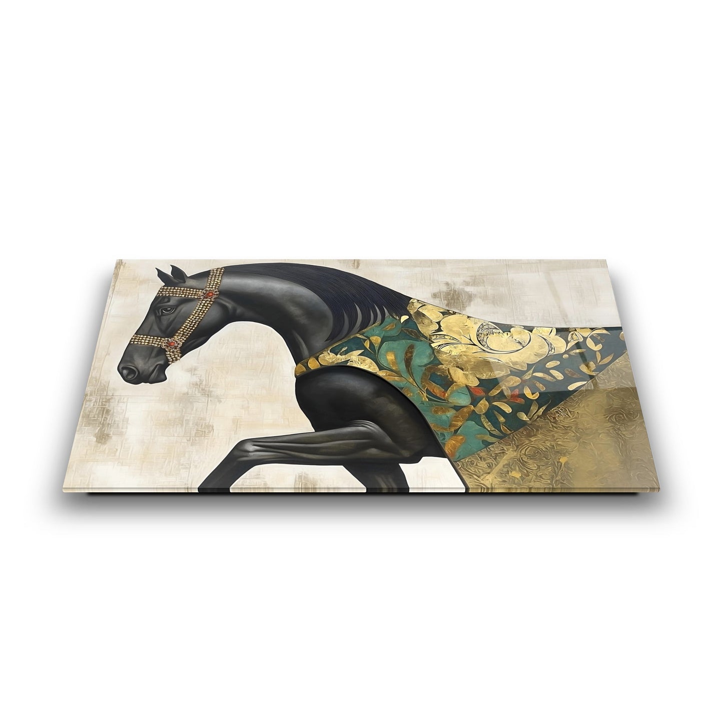 Gold Detaylı Siyah At Cam Tablo