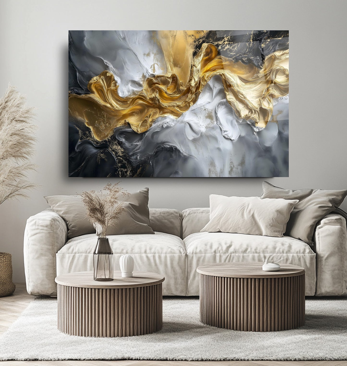 Gri Gold Mermer Desen Cam Tablo