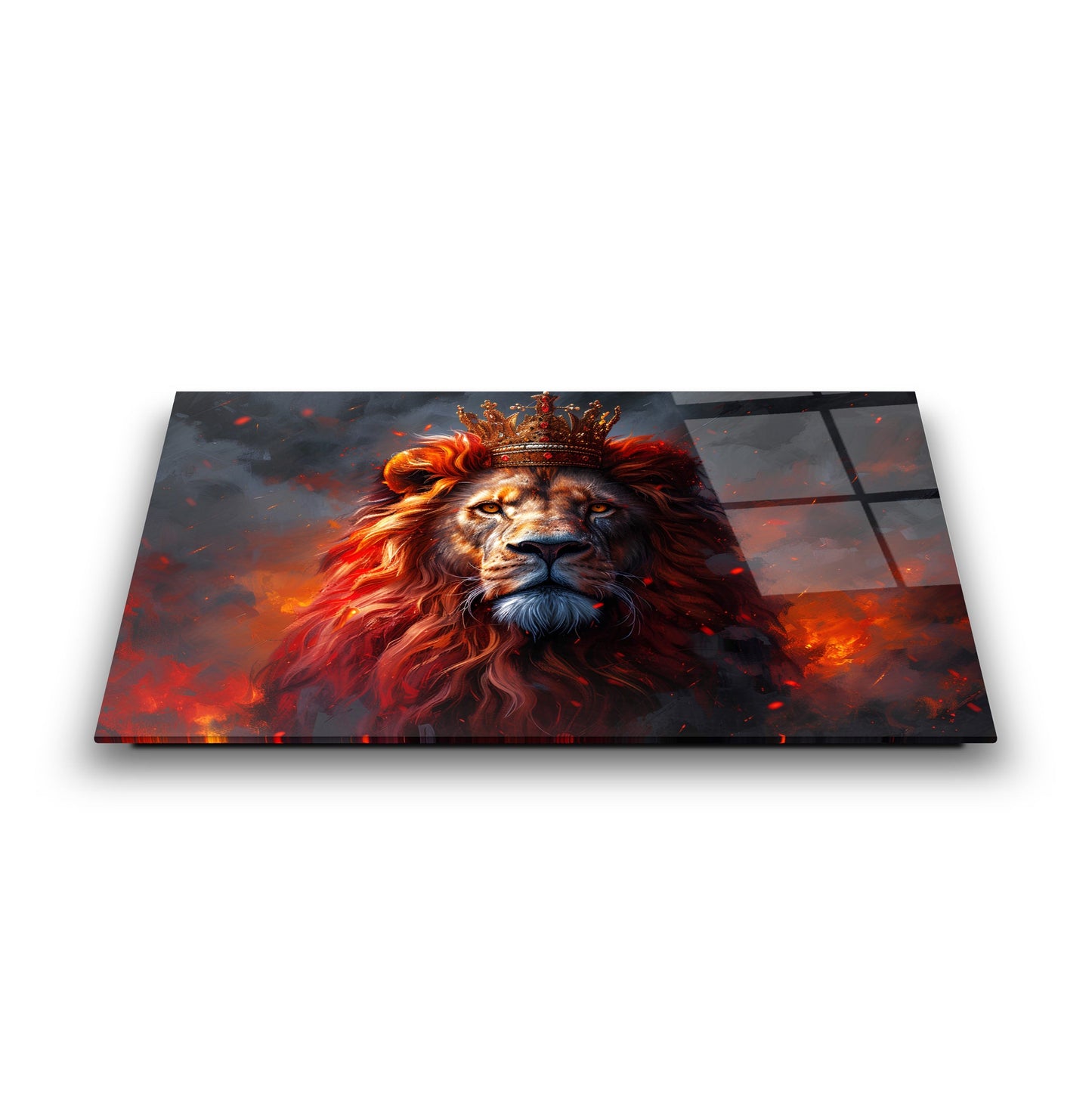 Taçlı Kızıl Aslan Cam Tablo