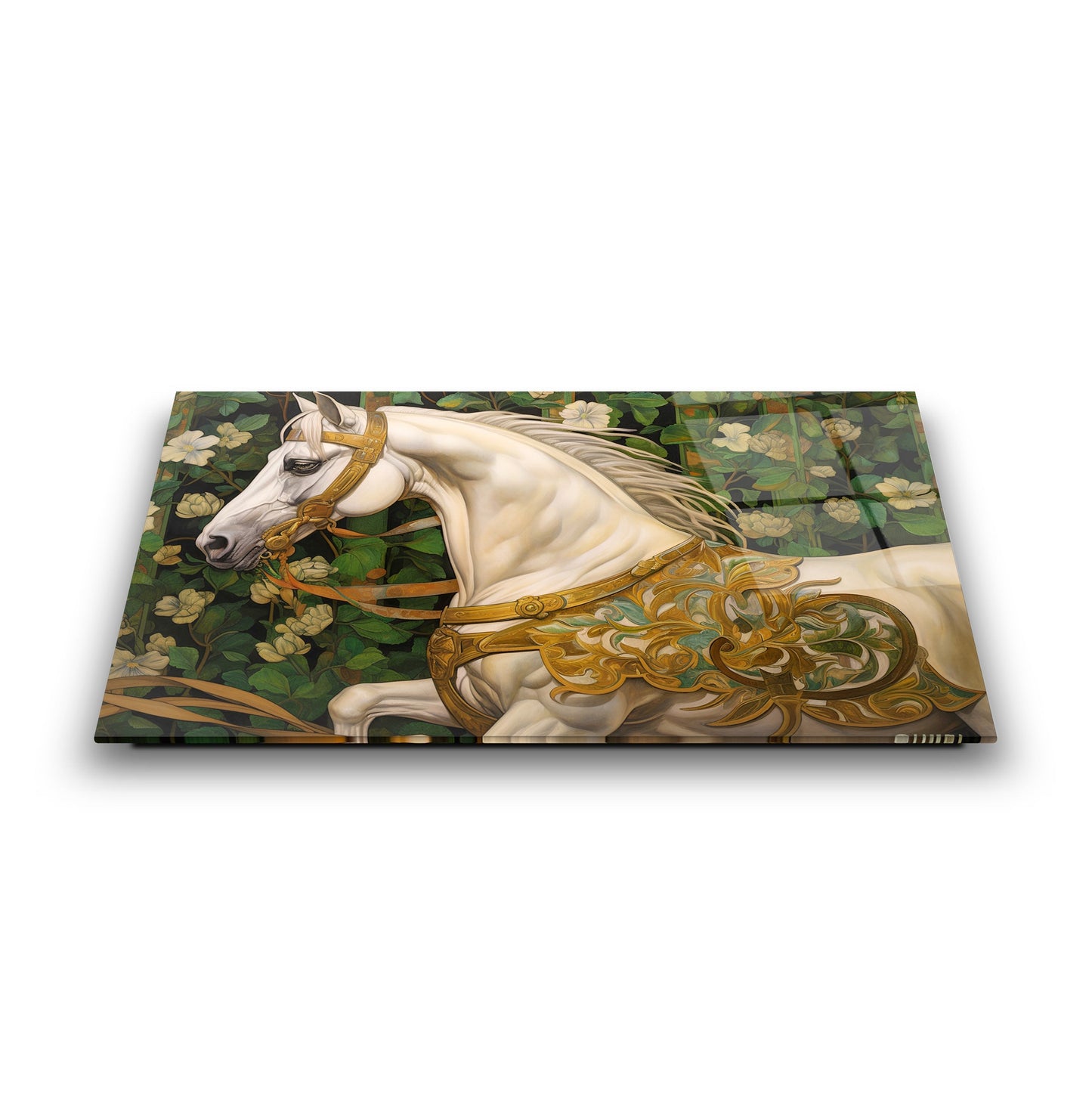 Çiçekli Beyaz At Cam Tablo