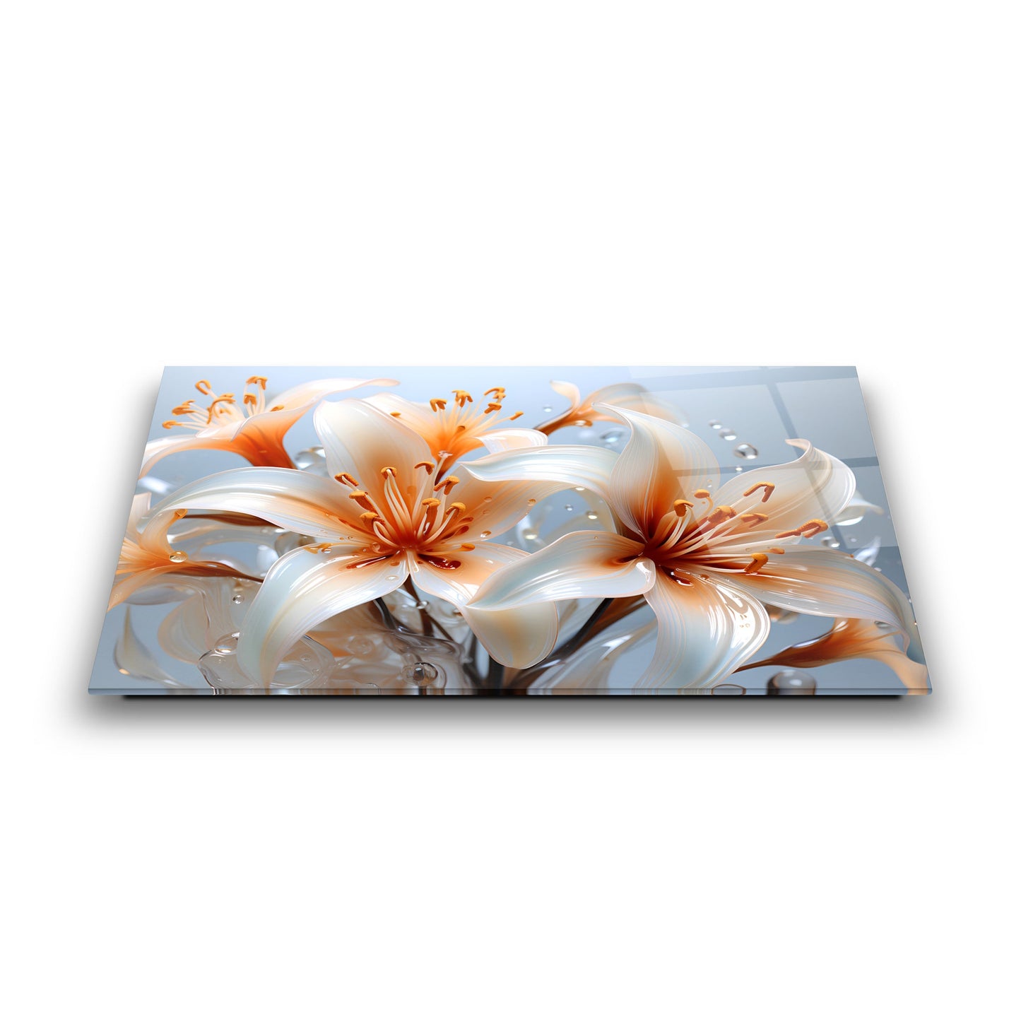 Turuncu Beyaz Çiçekler Cam Tablo