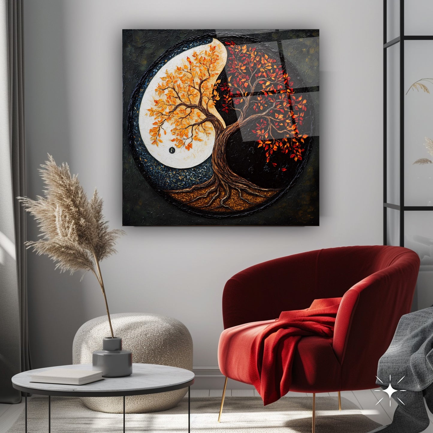 Ying Yang Hayat Ağacı Kare Cam Tablo