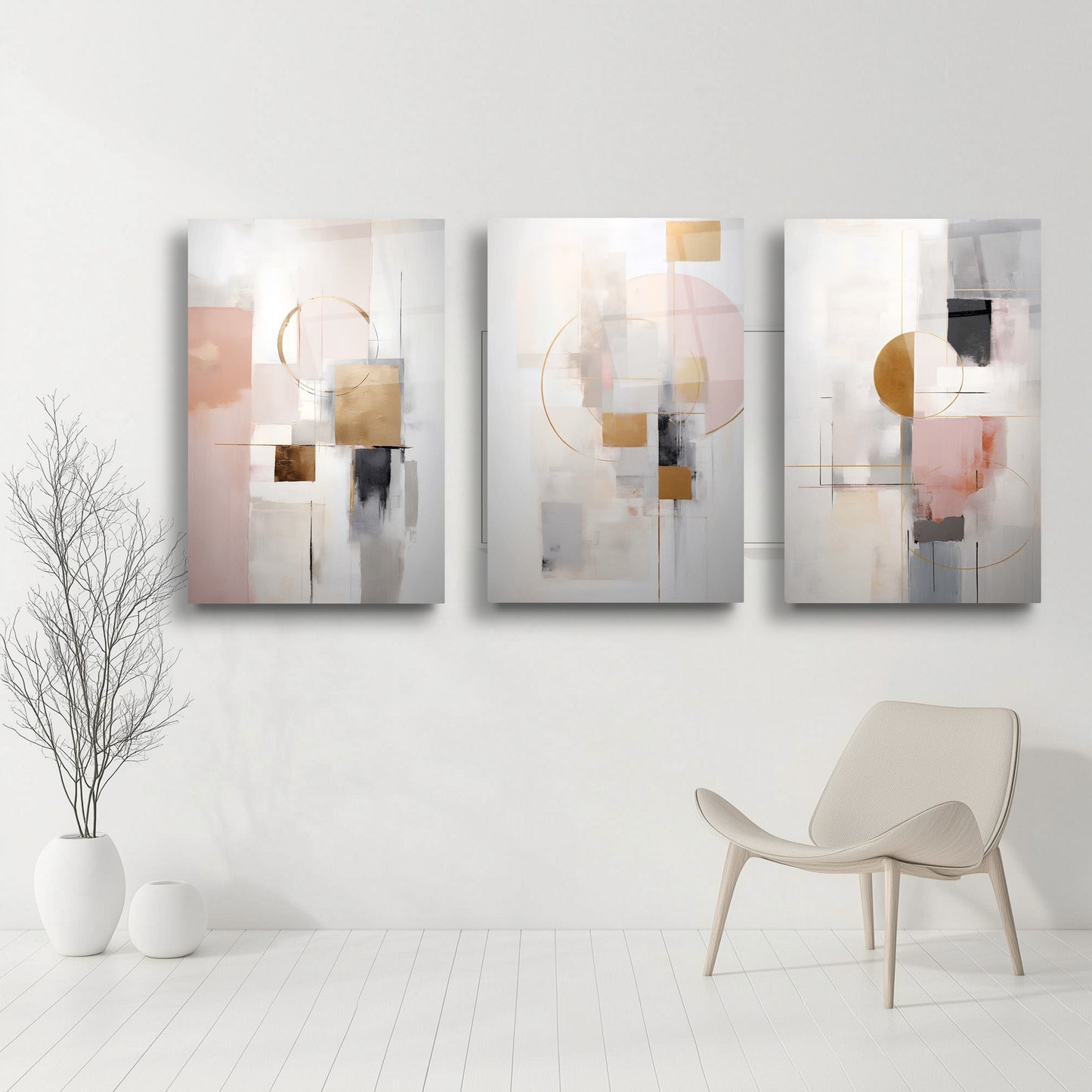 Soyut Pembe Gold Üçlü Set Cam Tablo