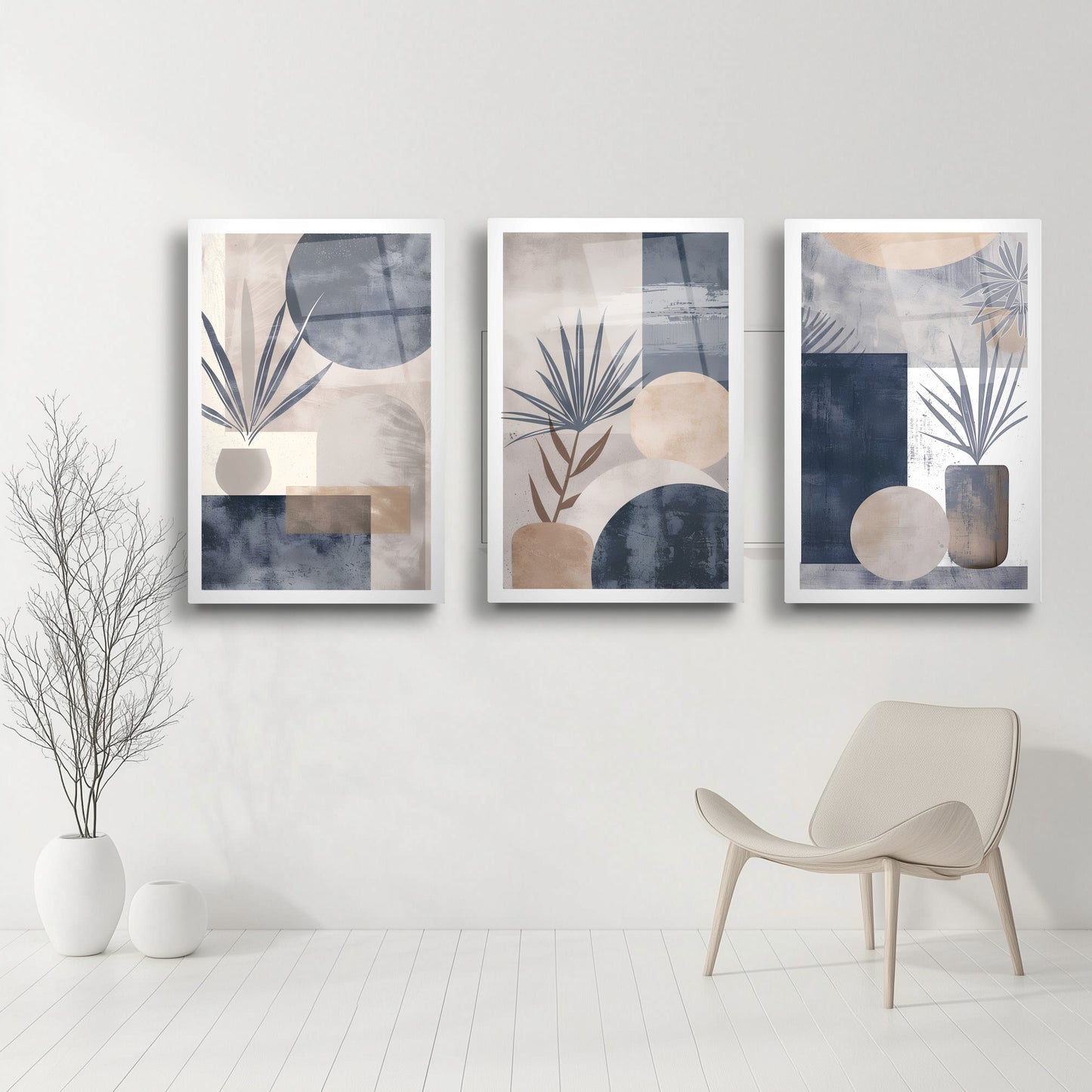 Minimal Desenler Üçlü Set Cam Tablo