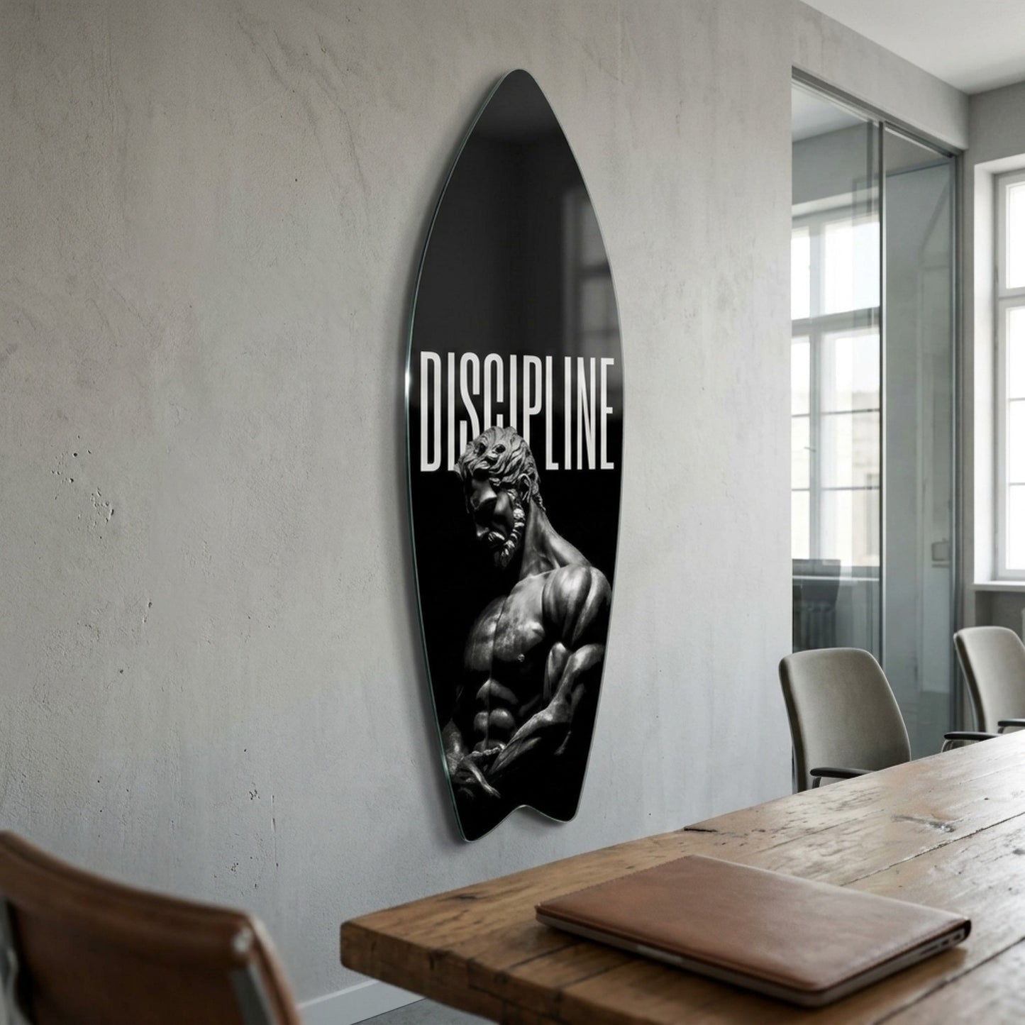 Discipline Disiplin Yazılı Heykel Tablosu Surf Board Cam Tablo