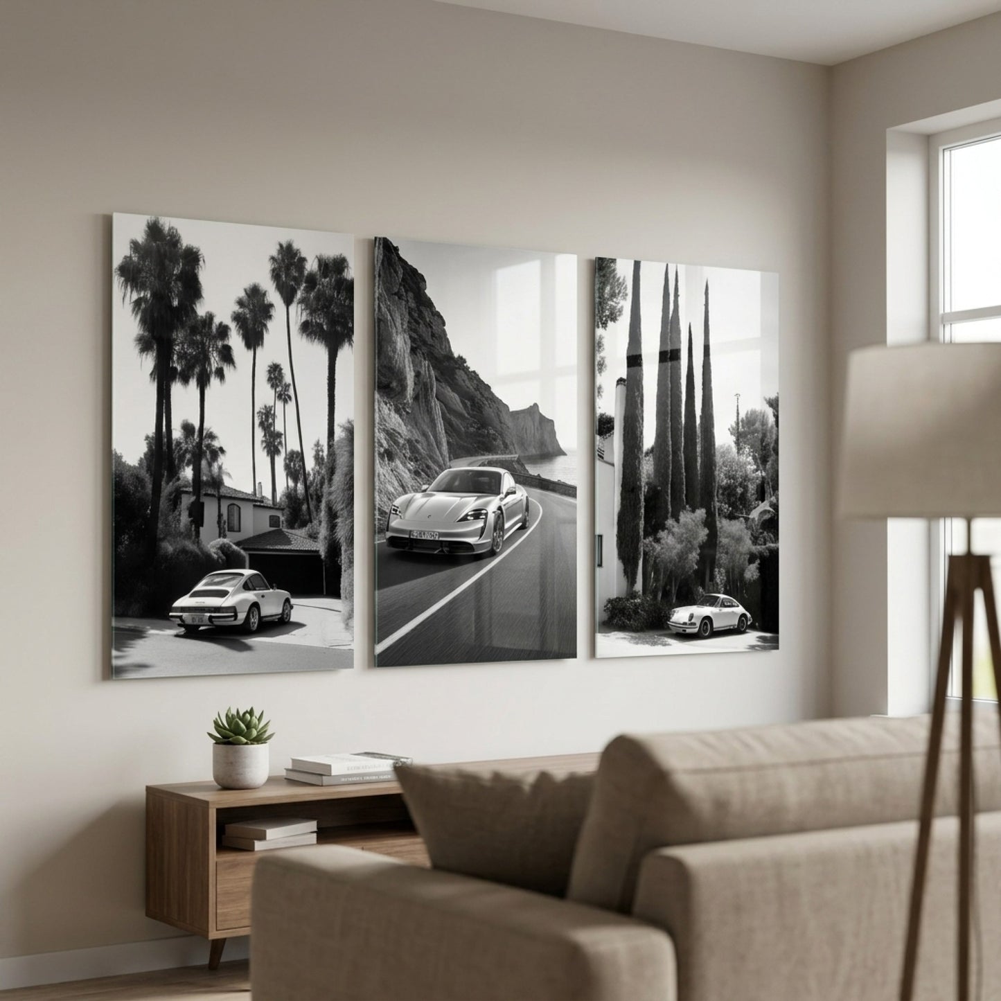Porsche Siyah Beyaz Otomobil Seti Dikey 3'lü Set Cam Tablo