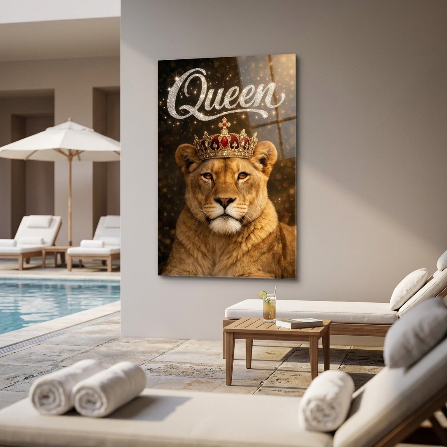 Kraliçe Aslan Altın Taçlı Sanatsal Poster Dikey Cam Tablo