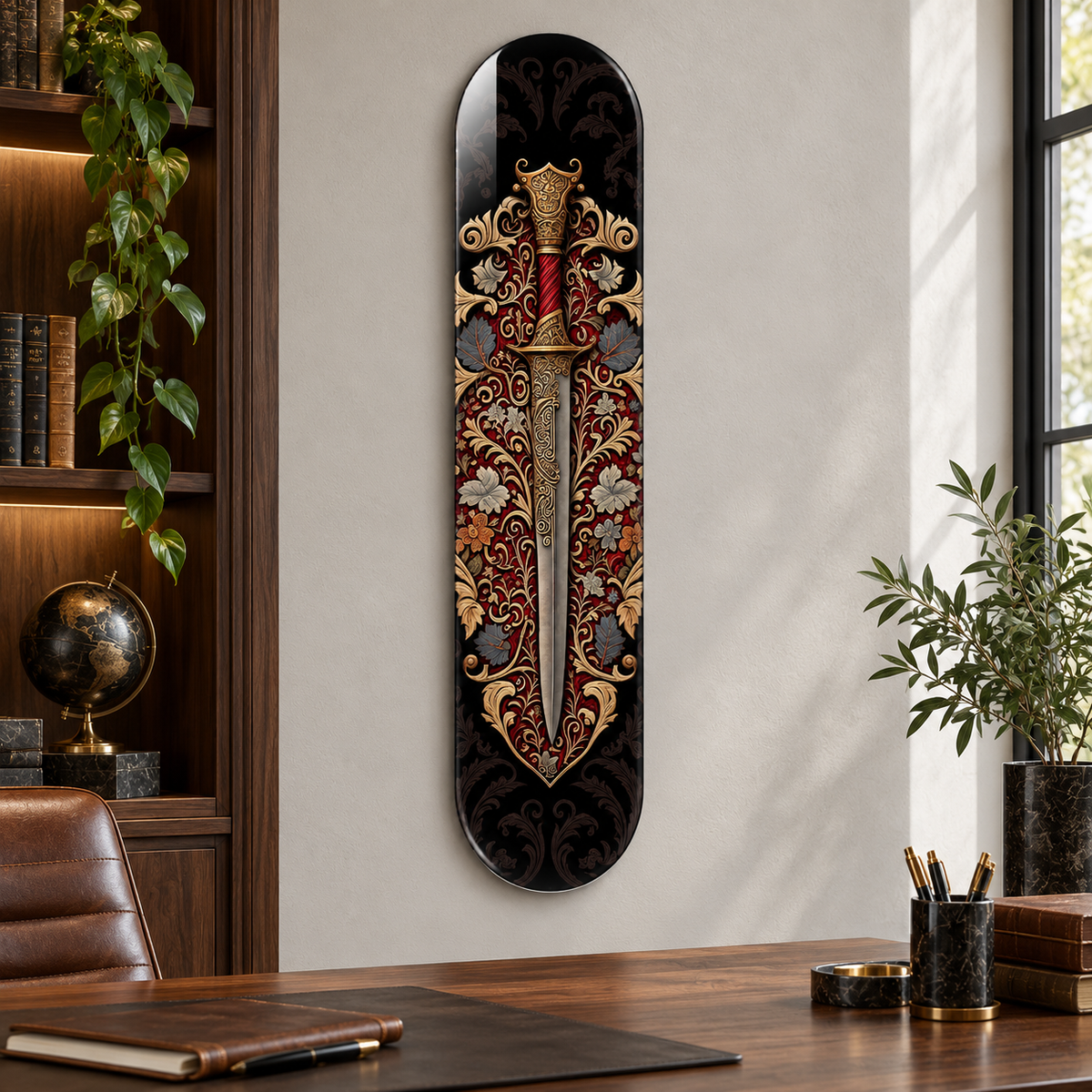 Bordo Altın Süslemeli Hançer Dikey Skate Board Cam Tablo – Çalışma odası