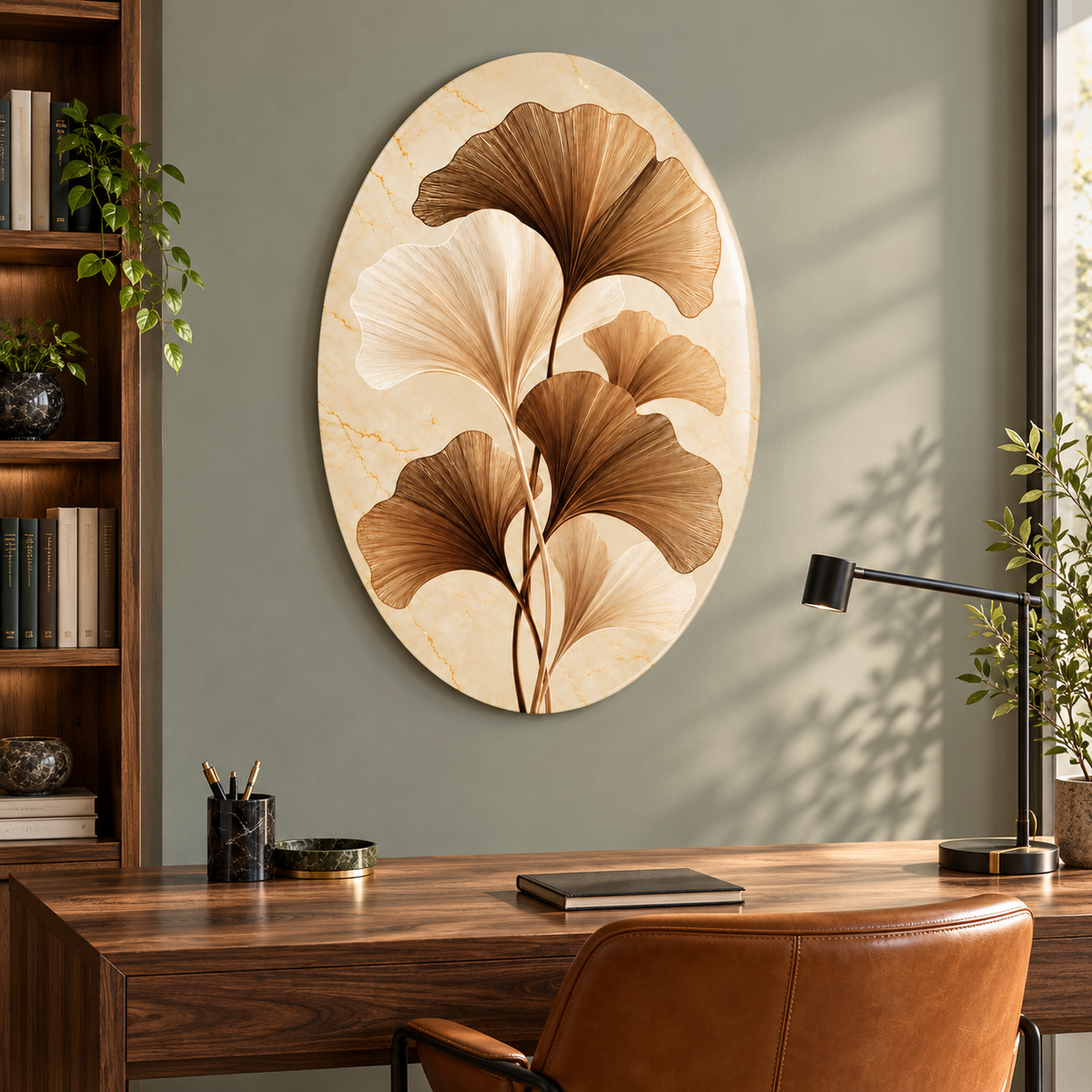 Bronz ve Fildişi Ginkgo Yaprakları Dikey Oval Cam Tablo - Çalışma odası
