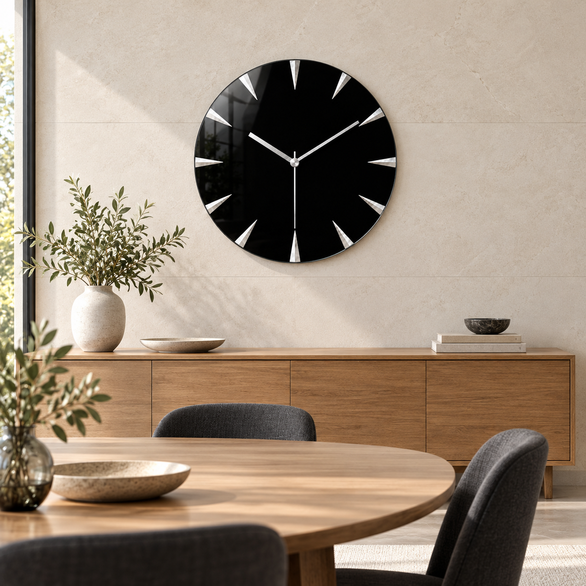 Gümüş kollu minimalist siyah cam duvar saati – Yemek odasında kullanım