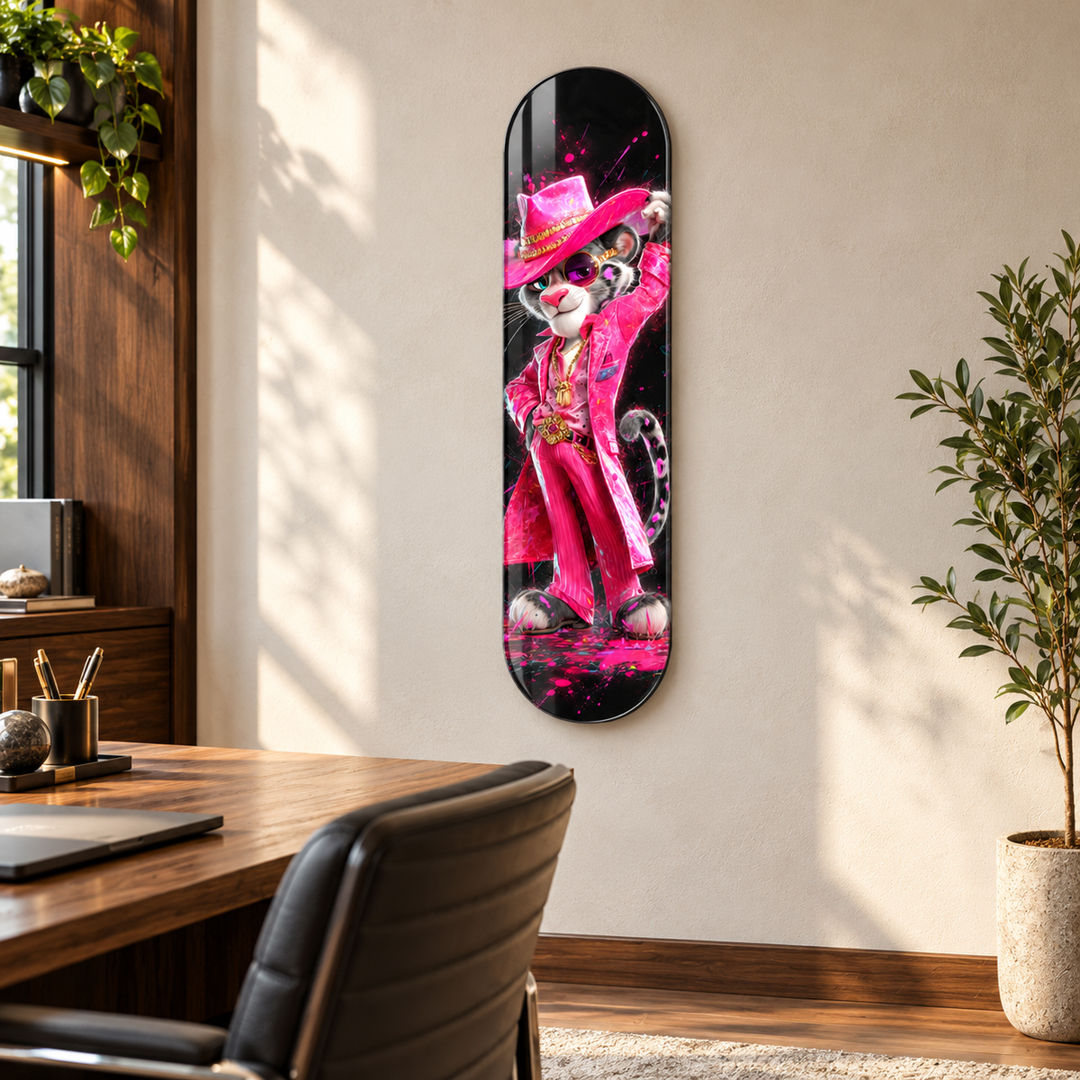 Pembe Kovboy Şapkalı Panter Dikey Skate Board Cam Tablo - ofis