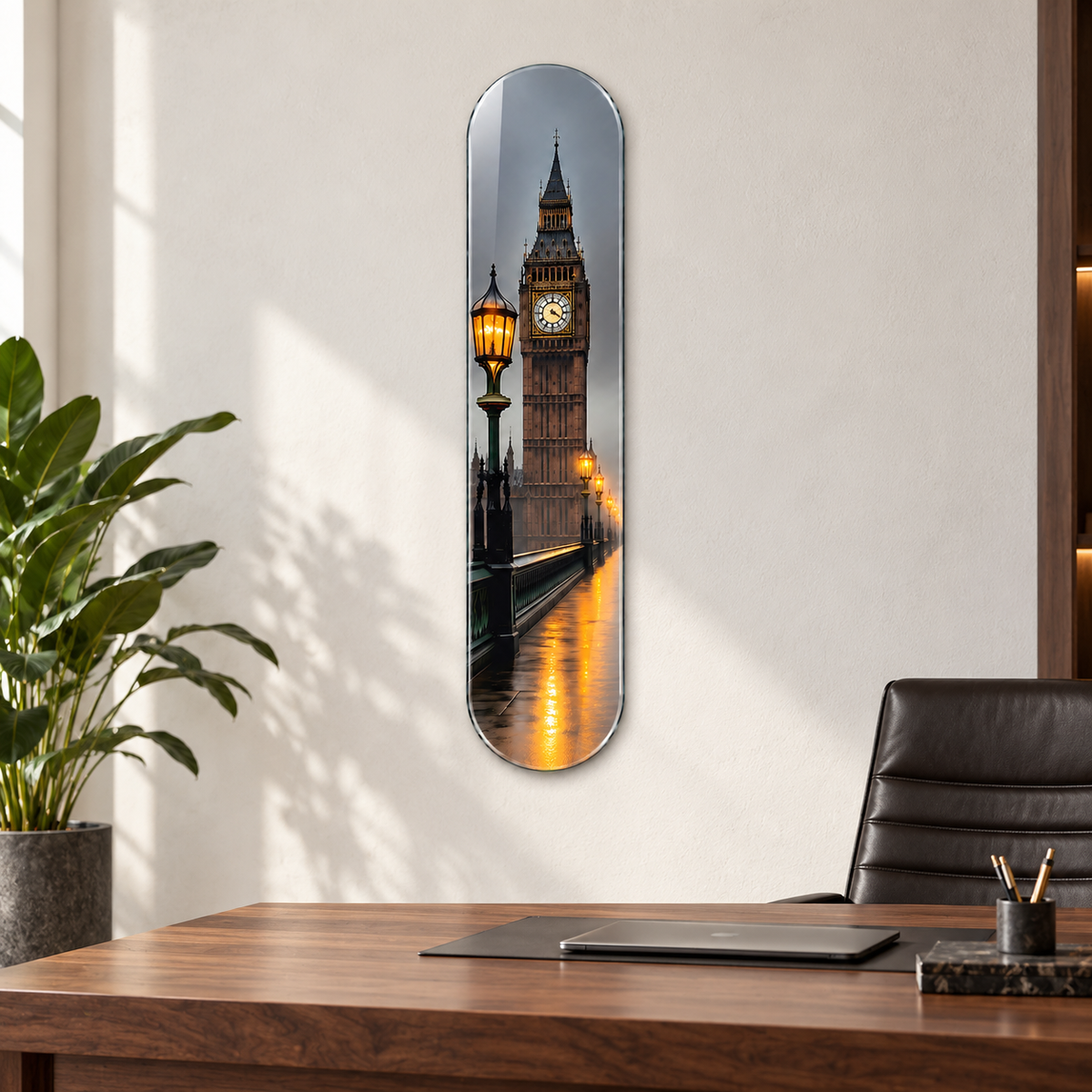 Sisli Londra Big Ben ve Sokak Lambaları Dikey Skate Board Cam Tablo - ofis