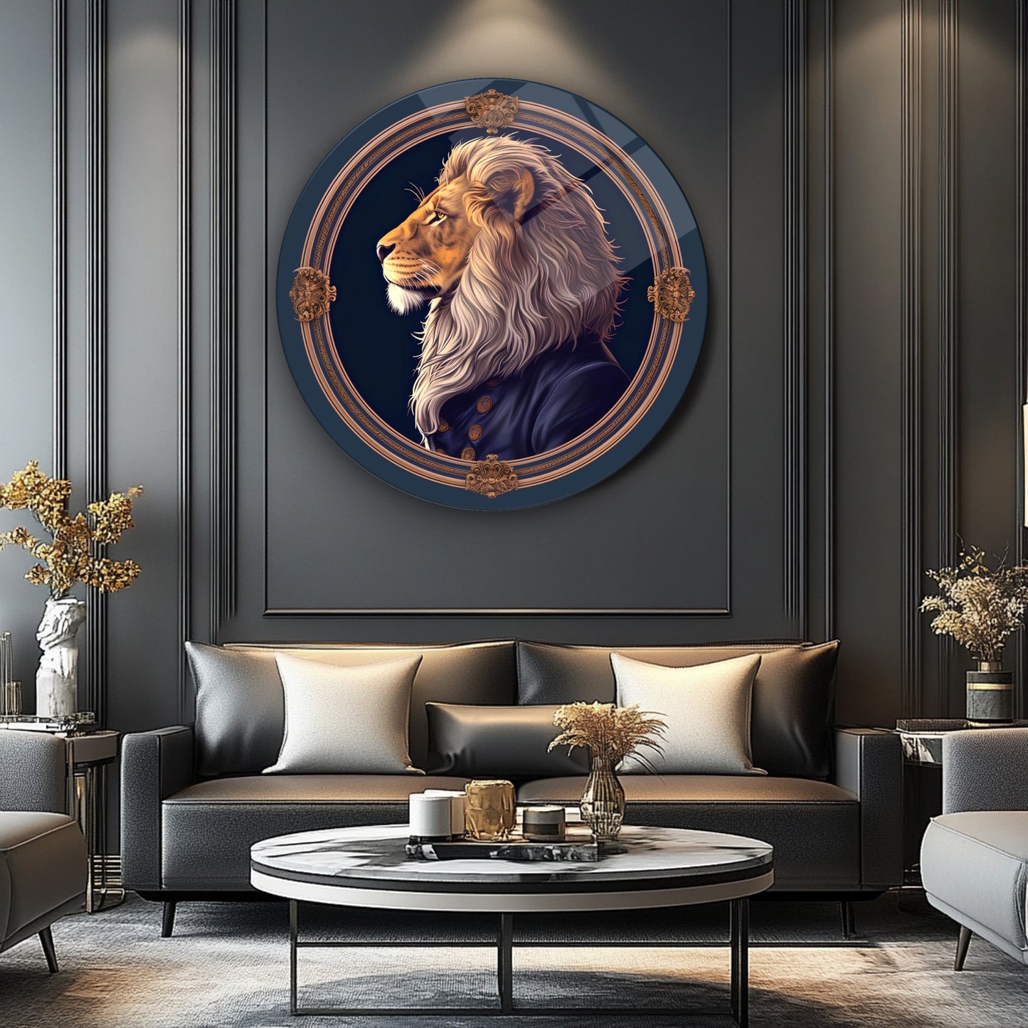 Aslan Portresi Yuvarlak Cam Tablo