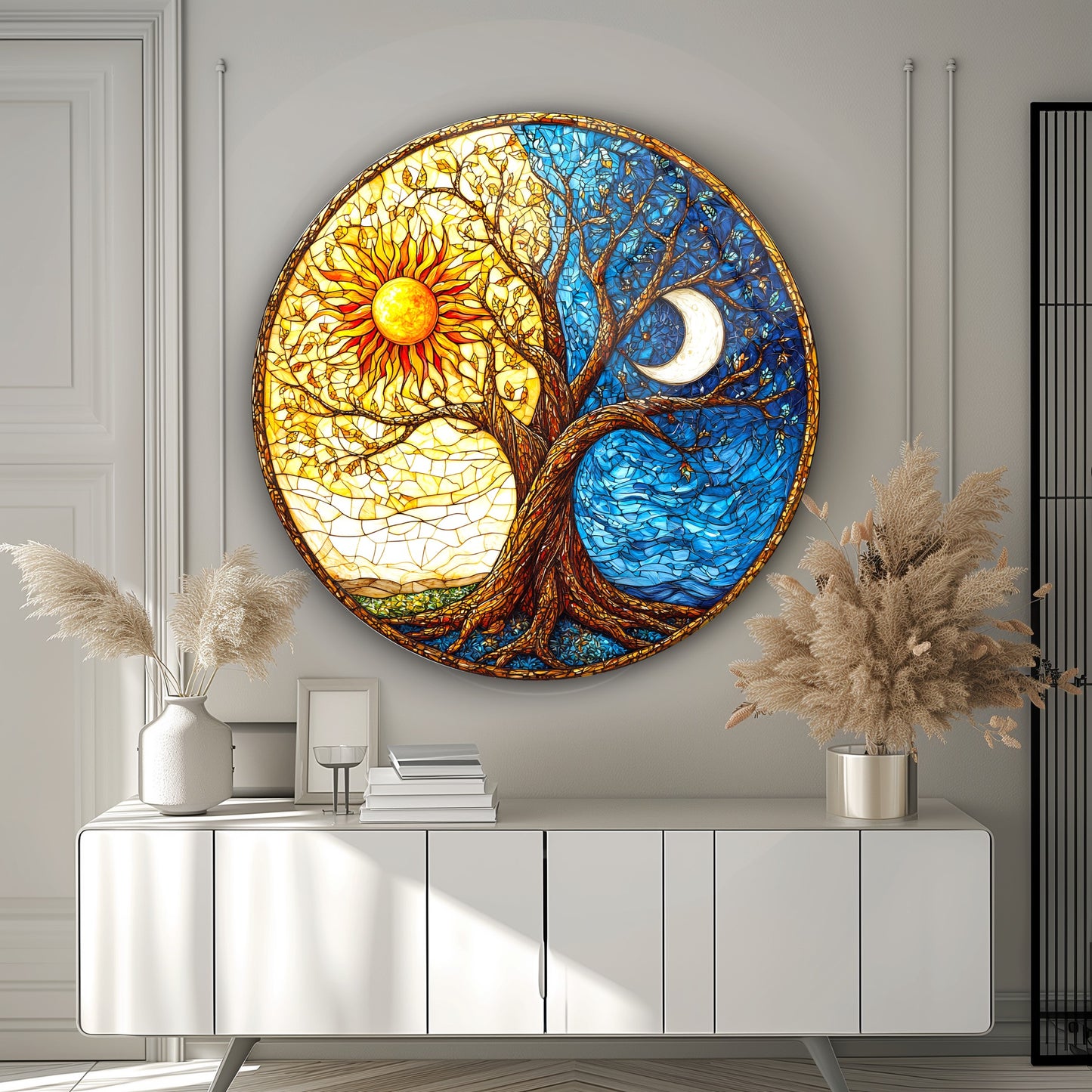 Vitray Desen Gece Gündüz Hayat Ağacı Yuvarlak Cam Tablo