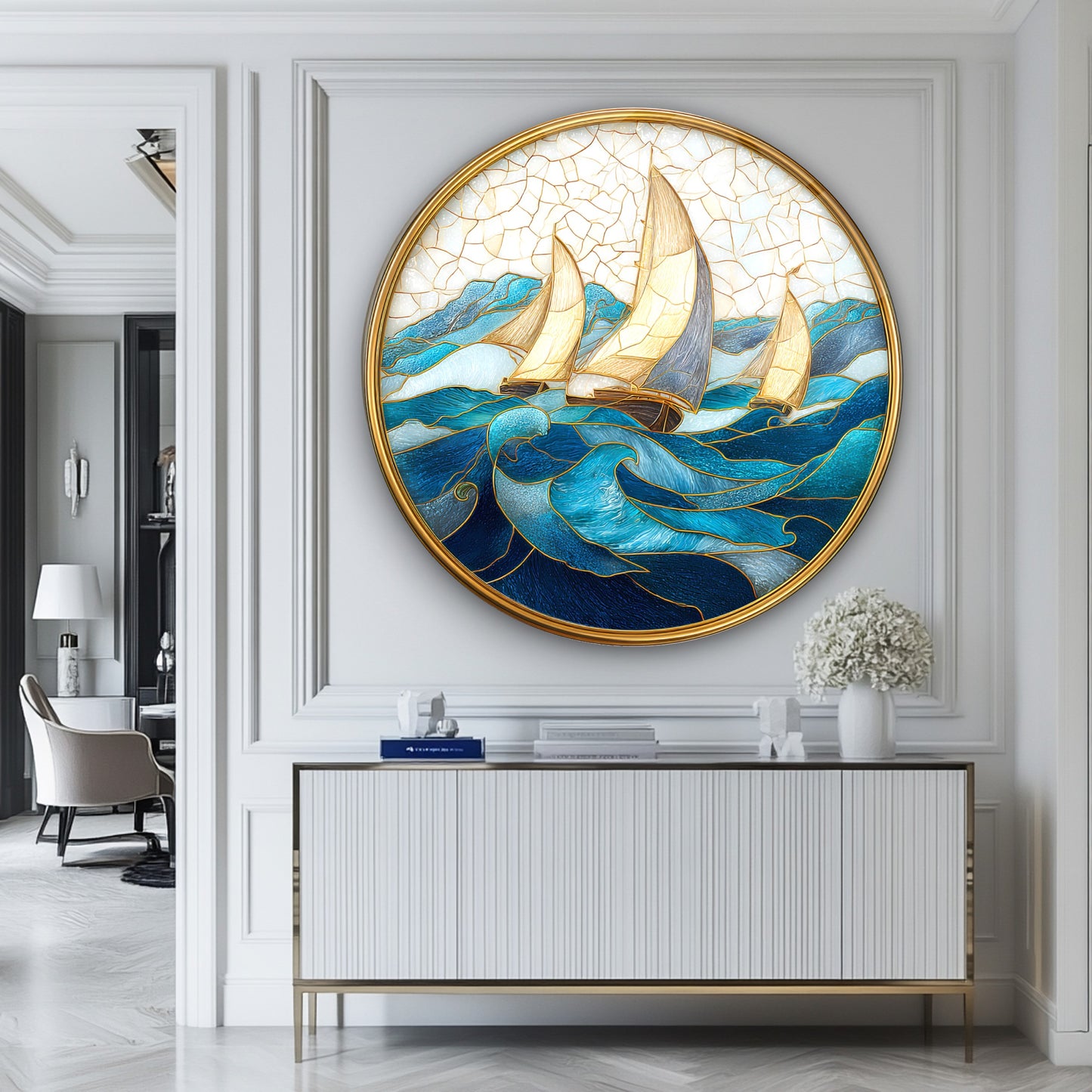Vitray Desen Yelkenli Gemiler Yuvarlak Cam Tablo