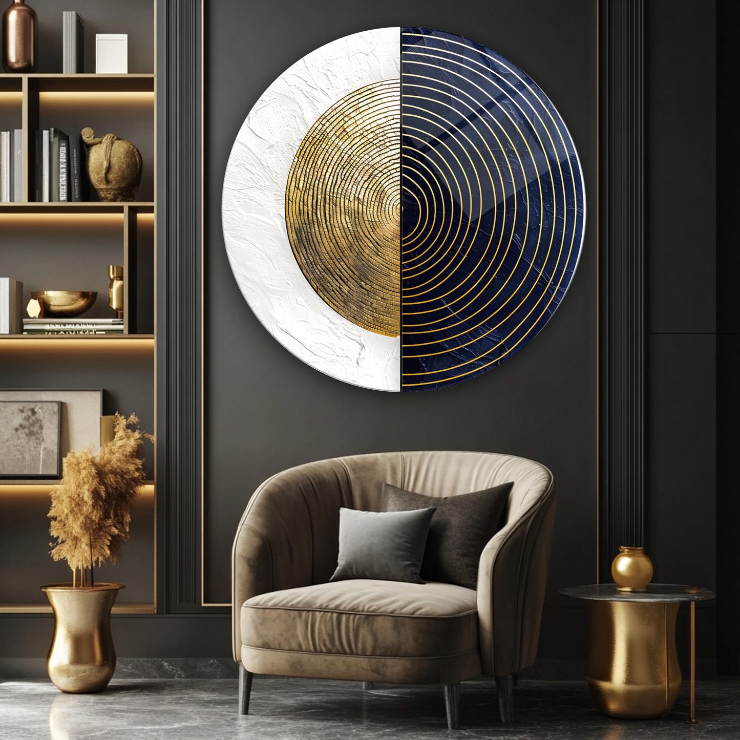 Gold Soyut Yuvarlak Cam Tablo