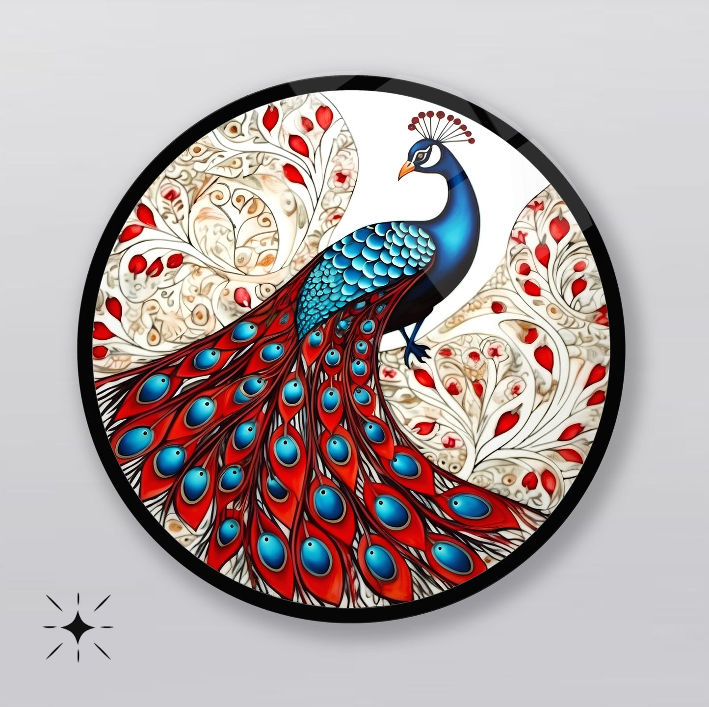 Kırmızı Çiçekli Tavus Kuşu Yuvarlak Cam Tablo