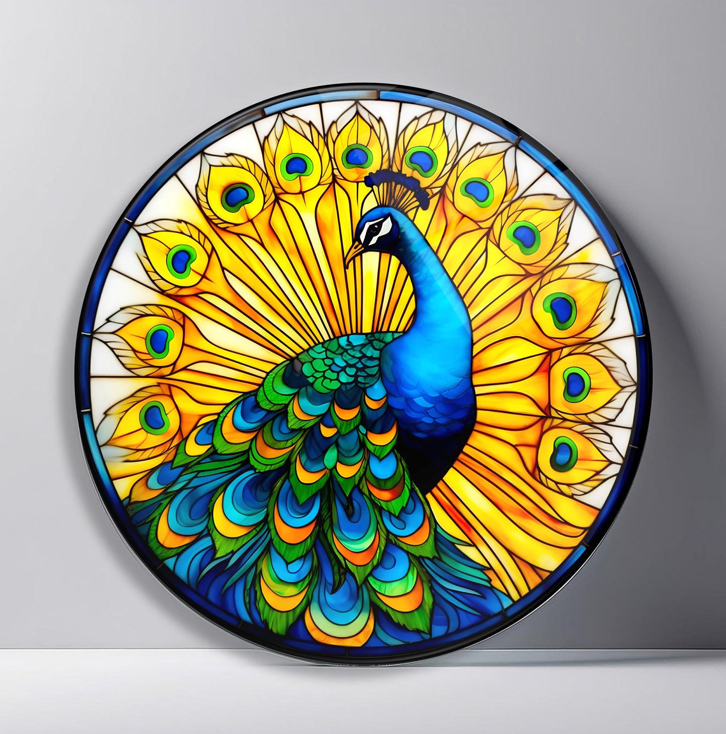 Sarı Vitray Desen Tavus Kuşu Yuvarlak Cam Tablo