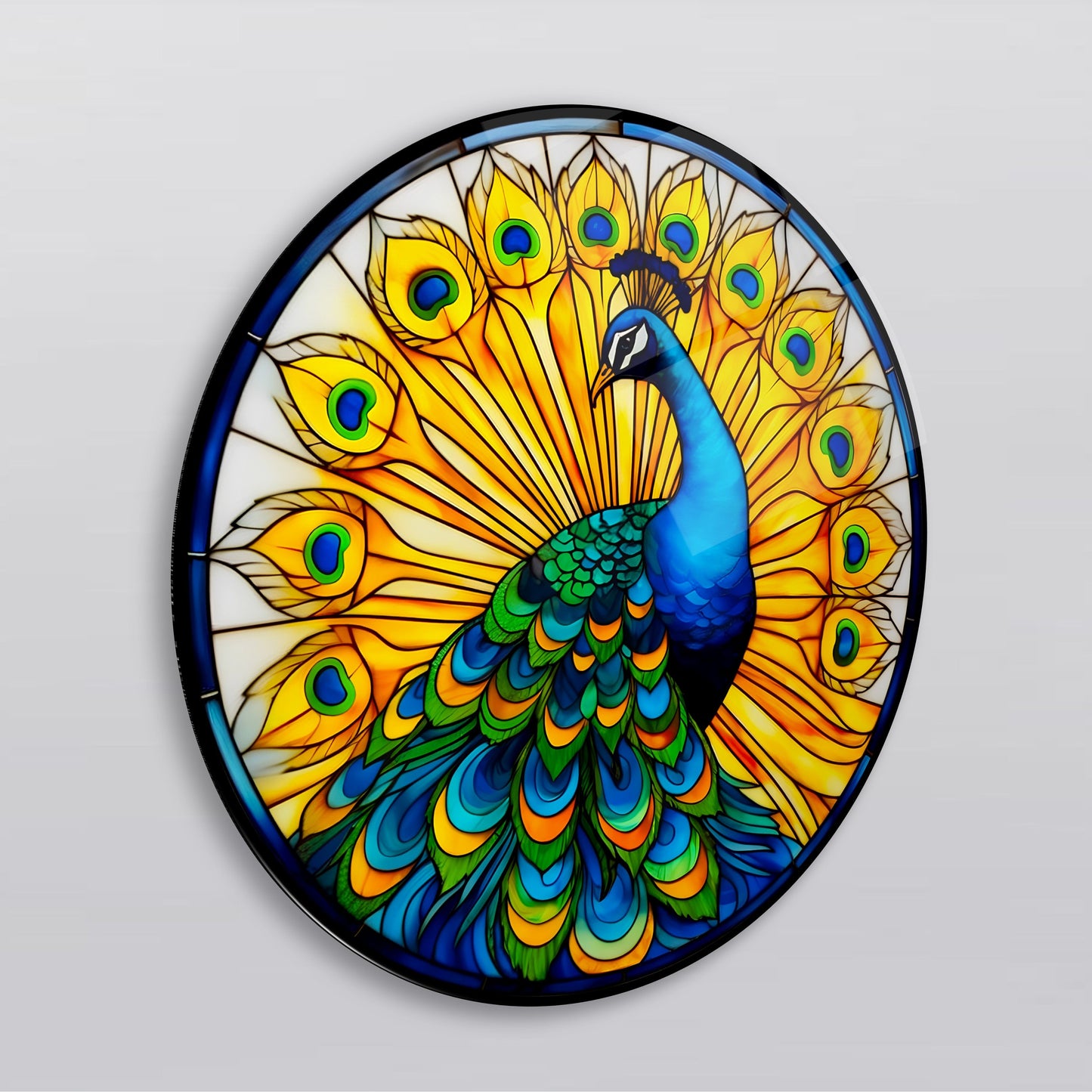 Sarı Vitray Desen Tavus Kuşu Yuvarlak Cam Tablo