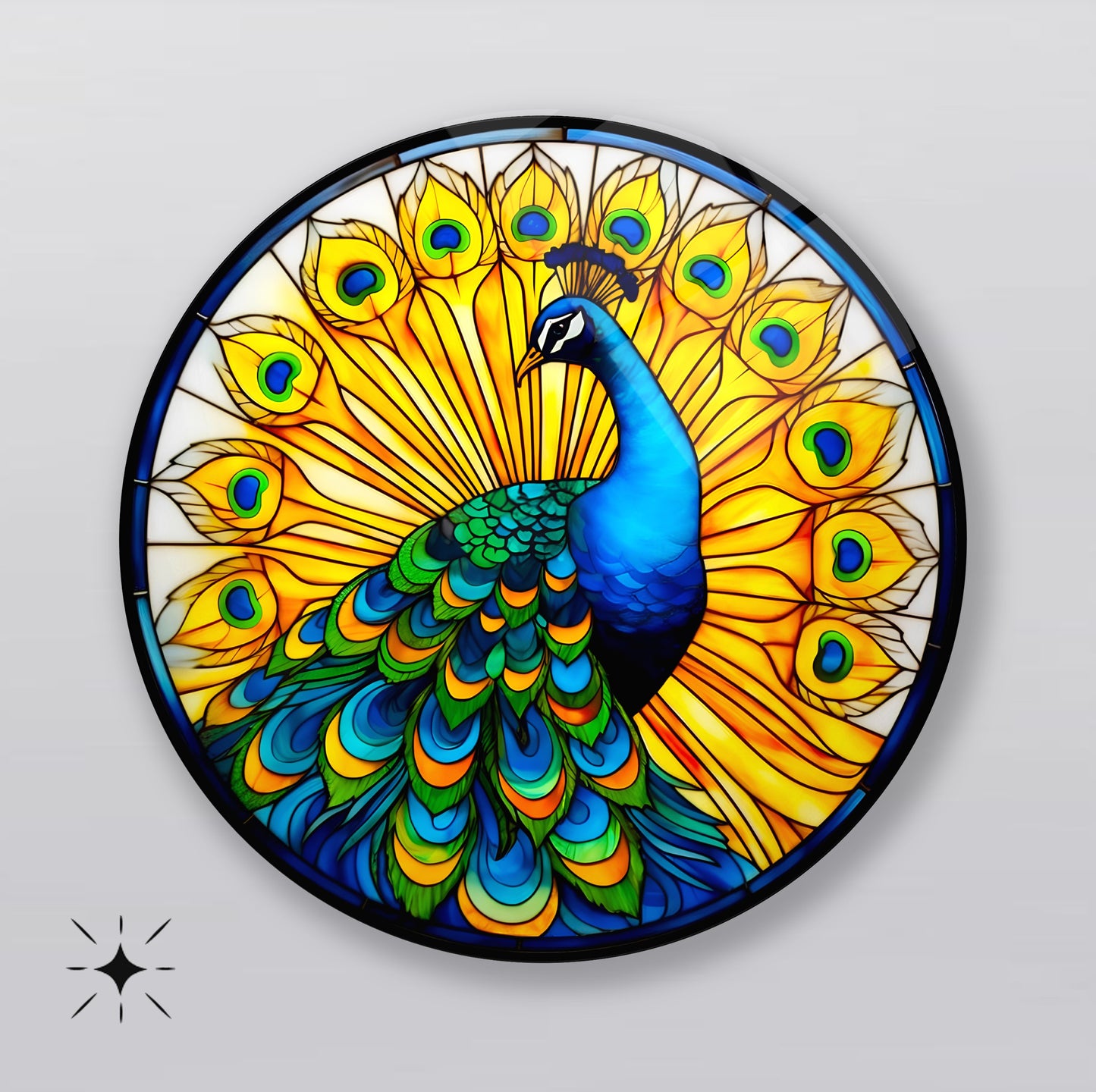 Sarı Vitray Desen Tavus Kuşu Yuvarlak Cam Tablo