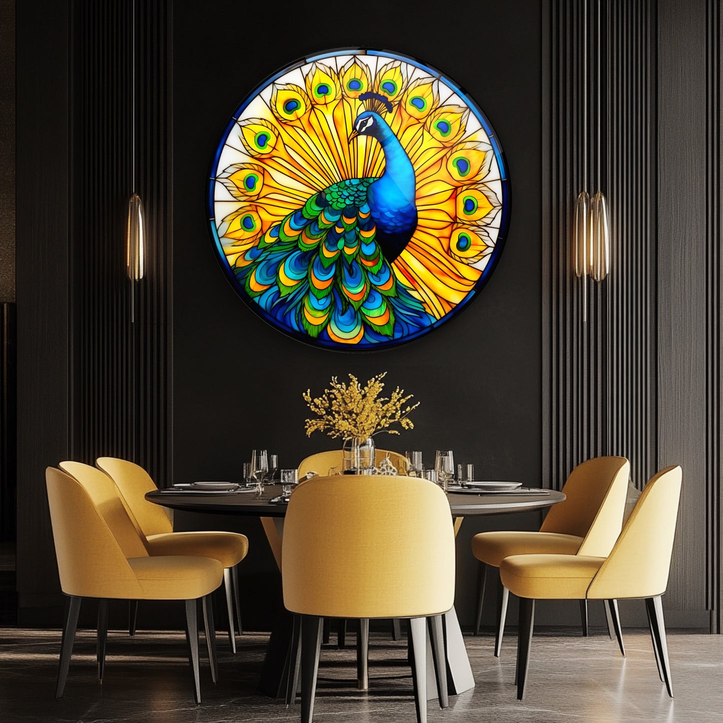 Sarı Vitray Desen Tavus Kuşu Yuvarlak Cam Tablo