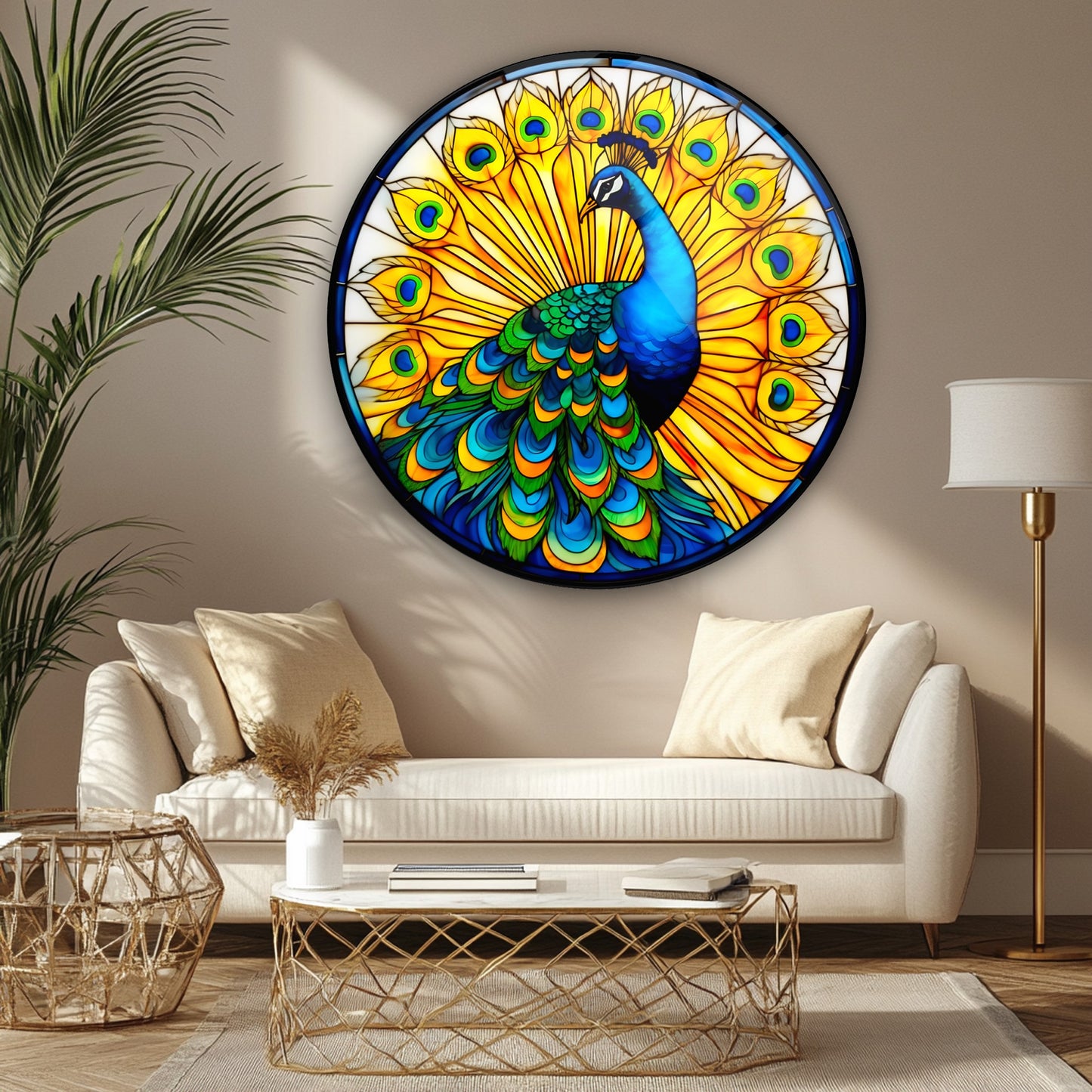 Sarı Vitray Desen Tavus Kuşu Yuvarlak Cam Tablo