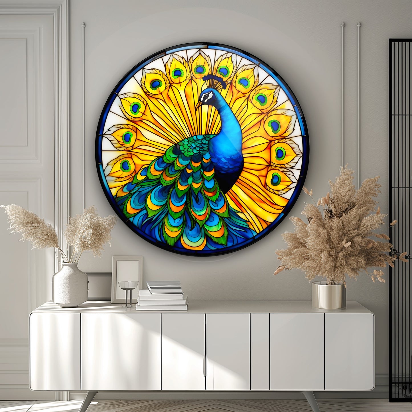 Sarı Vitray Desen Tavus Kuşu Yuvarlak Cam Tablo