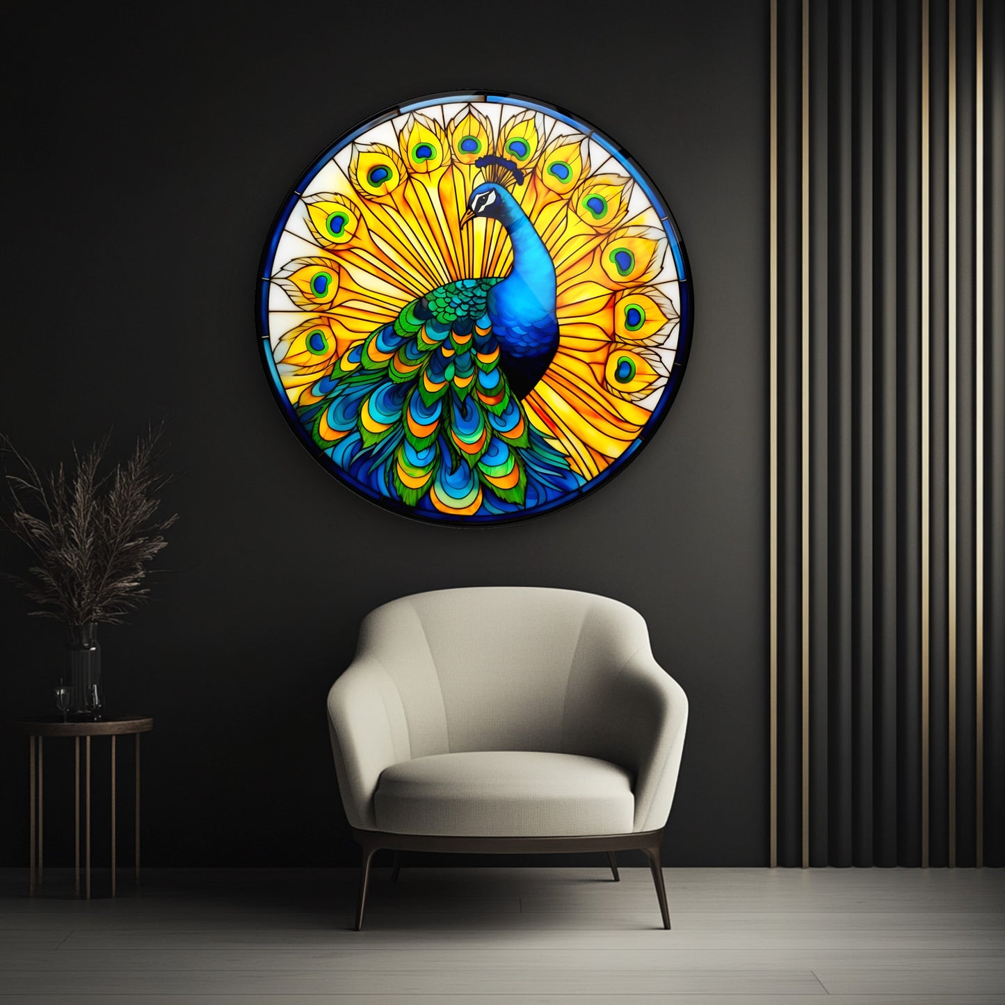 Sarı Vitray Desen Tavus Kuşu Yuvarlak Cam Tablo