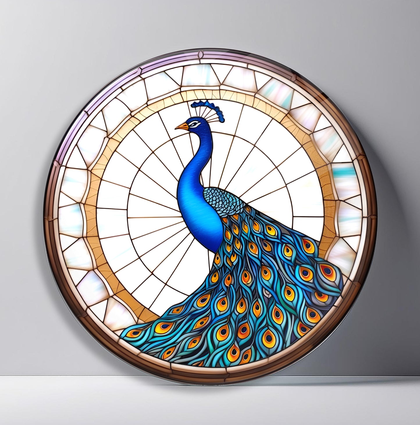 Vitray Desen Tavus Kuşu Yuvarlak Cam Tablo