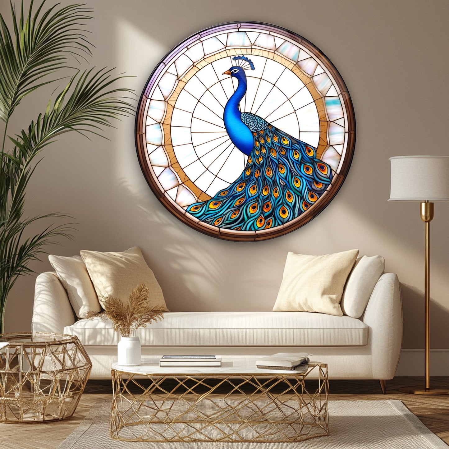 Vitray Desen Tavus Kuşu Yuvarlak Cam Tablo