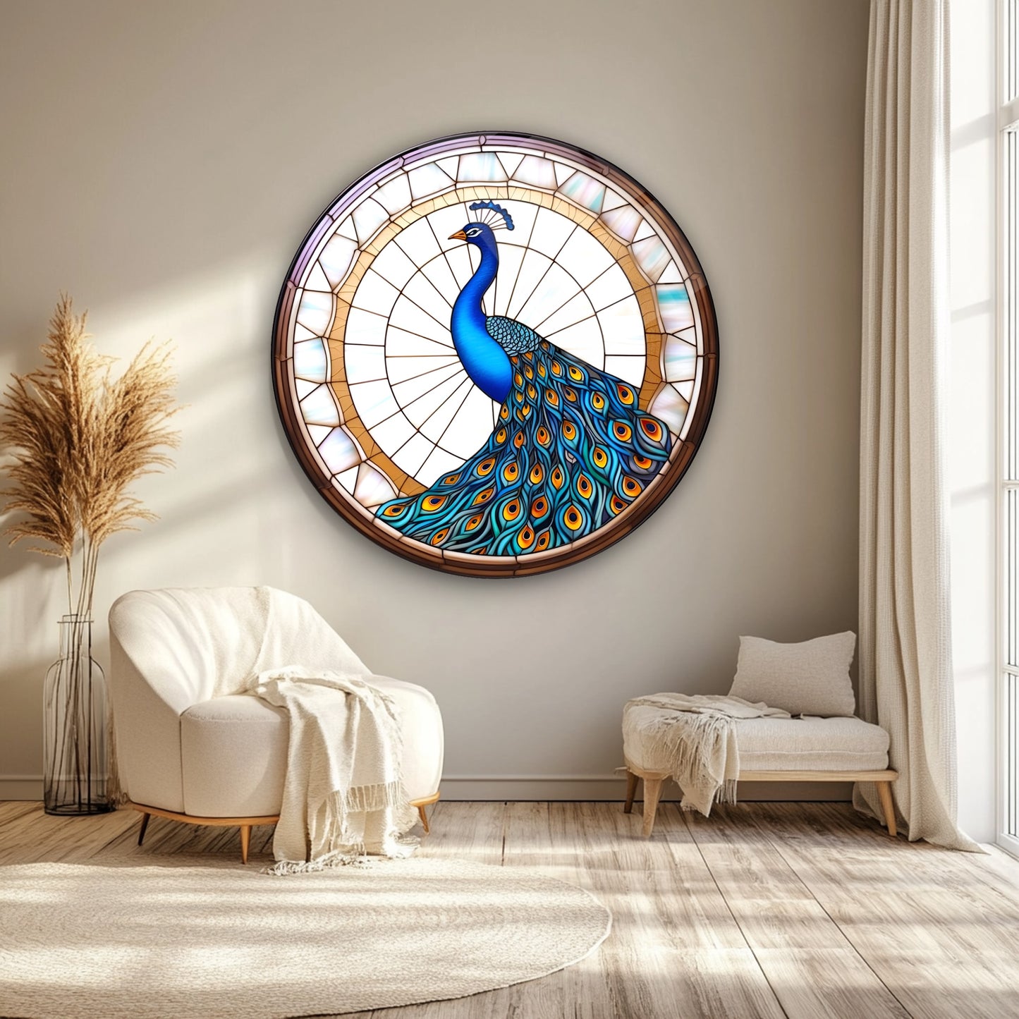 Vitray Desen Tavus Kuşu Yuvarlak Cam Tablo