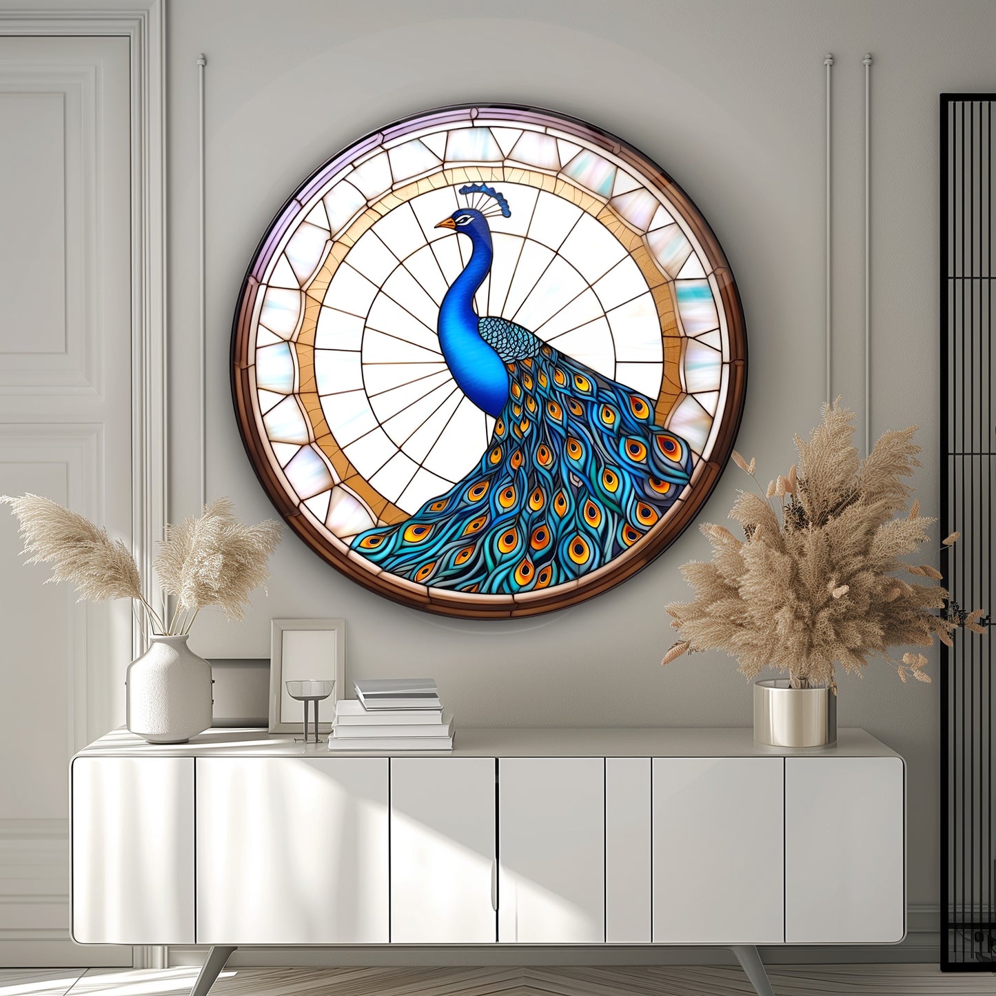 Vitray Desen Tavus Kuşu Yuvarlak Cam Tablo