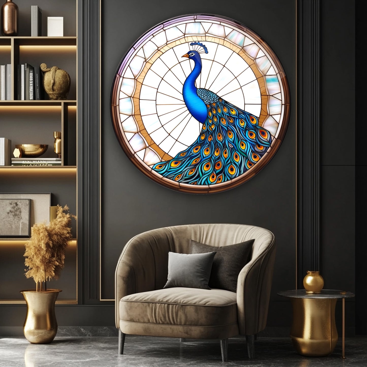 Vitray Desen Tavus Kuşu Yuvarlak Cam Tablo