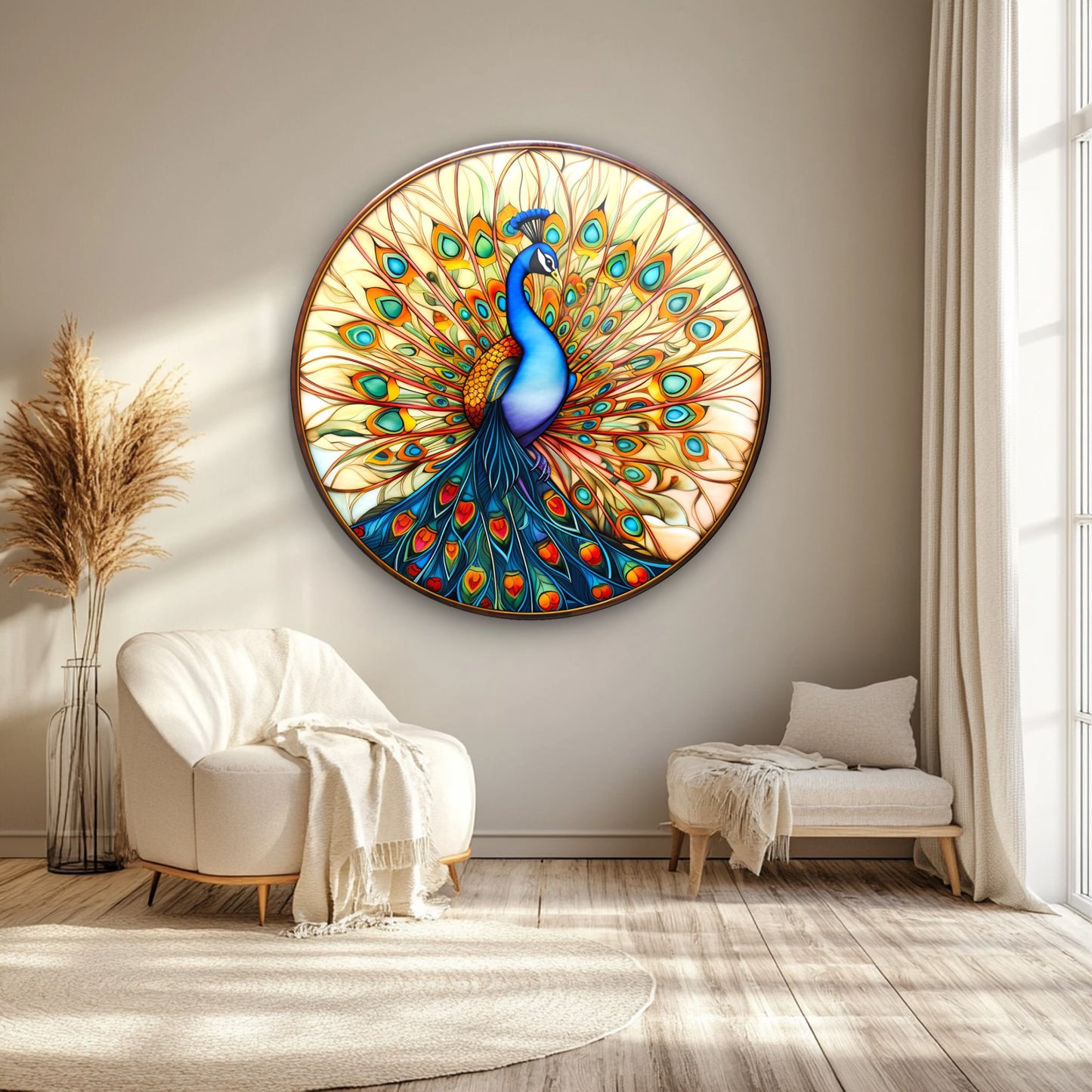 Vitray Desen Tavus Kuşu Yuvarlak Cam Tablo