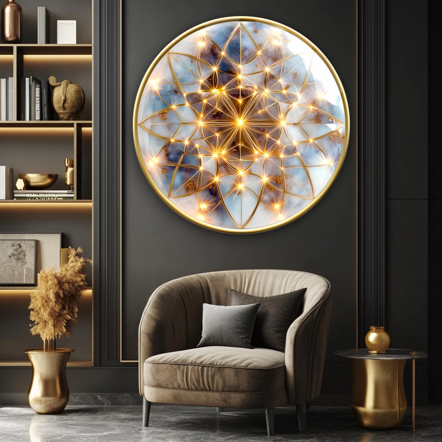 Soyut Gold Yaşam Çiçeği Yuvarlak Cam Tablo