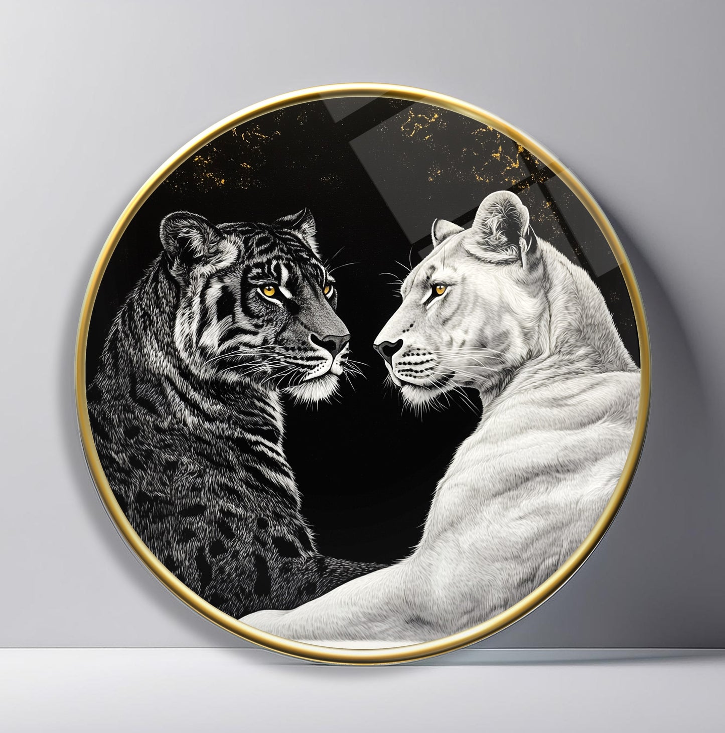 Aslan ve Kaplan Yuvarlak Cam Tablo