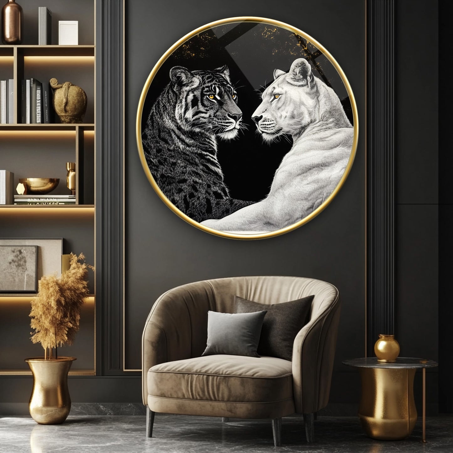 Aslan ve Kaplan Yuvarlak Cam Tablo
