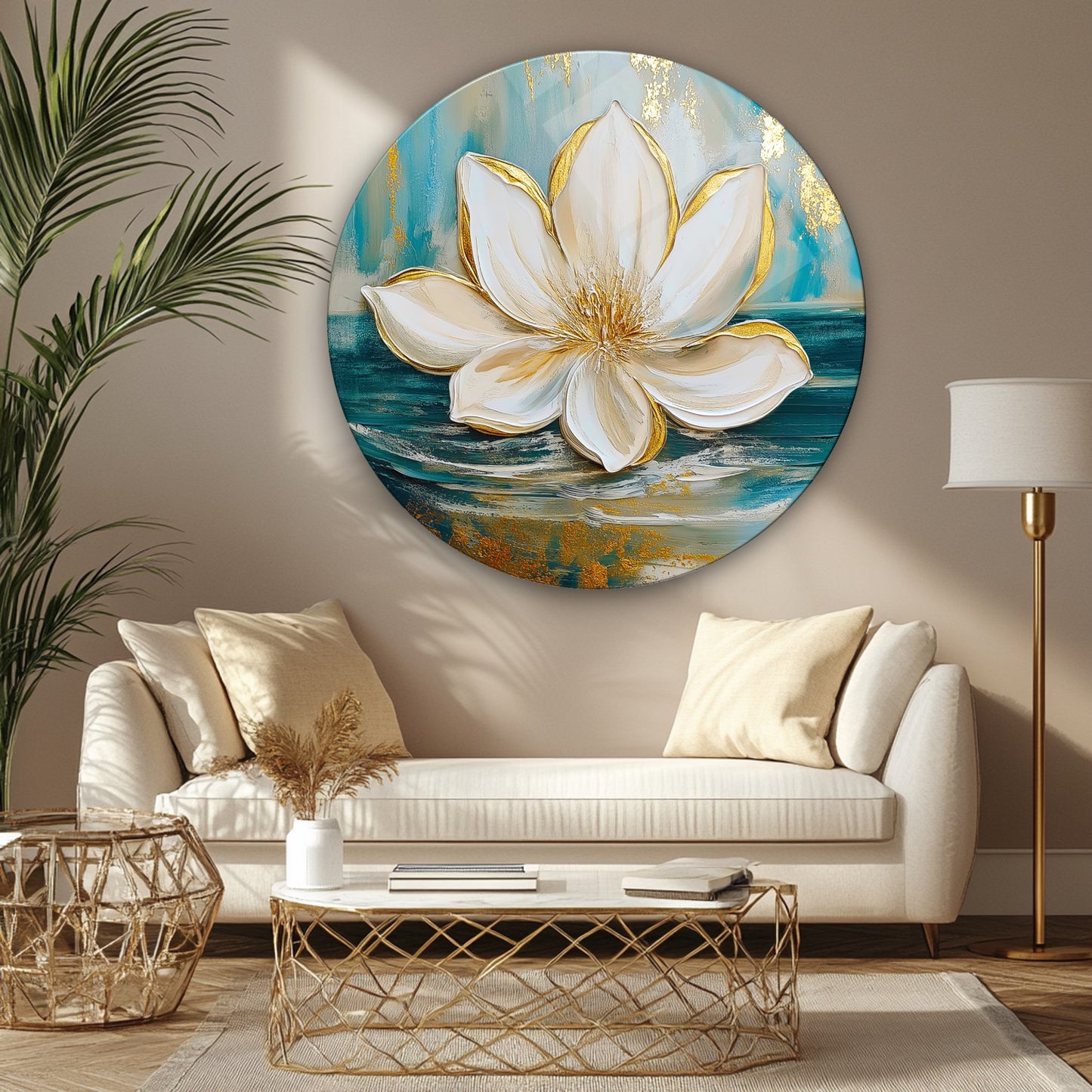 Gold Lotus Çiçeği Yuvarlak Cam Tablo