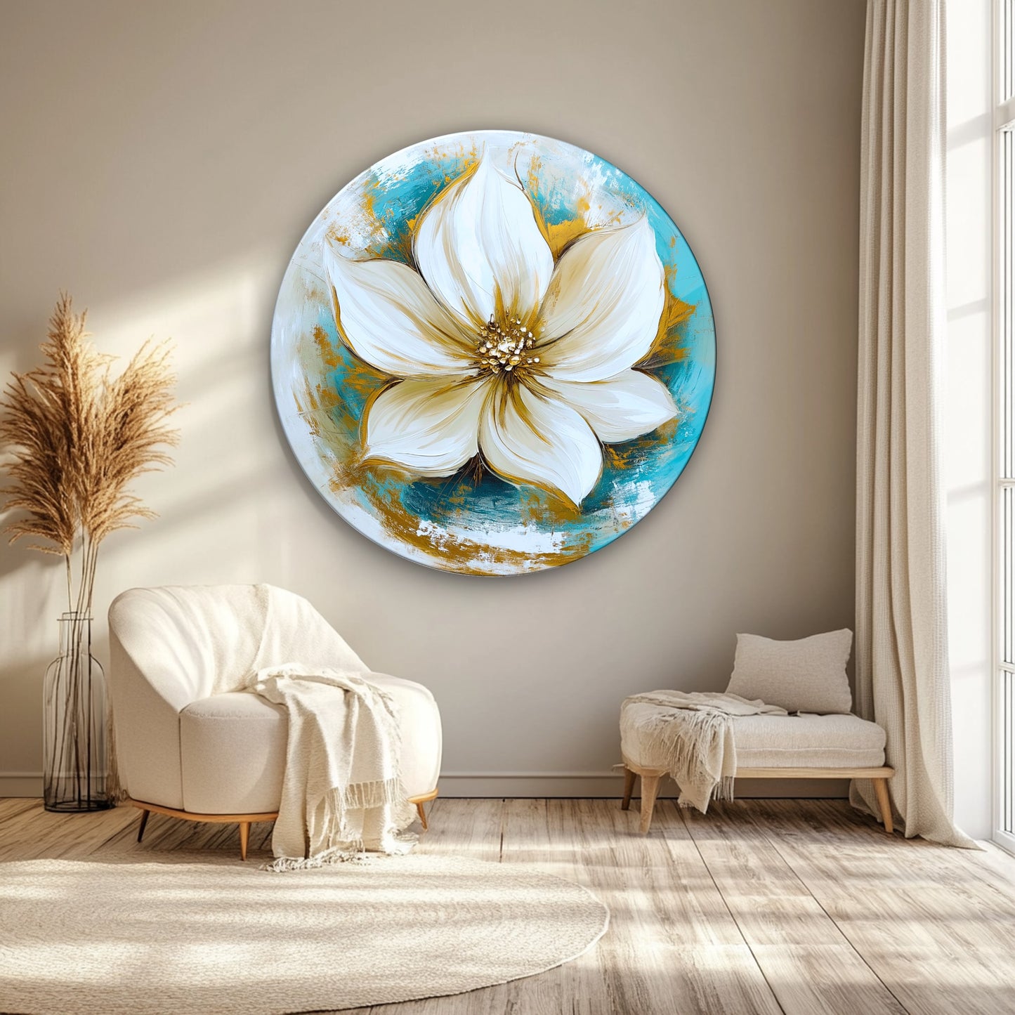 Gold Lotus Çiçeği Yuvarlak Cam Tablo