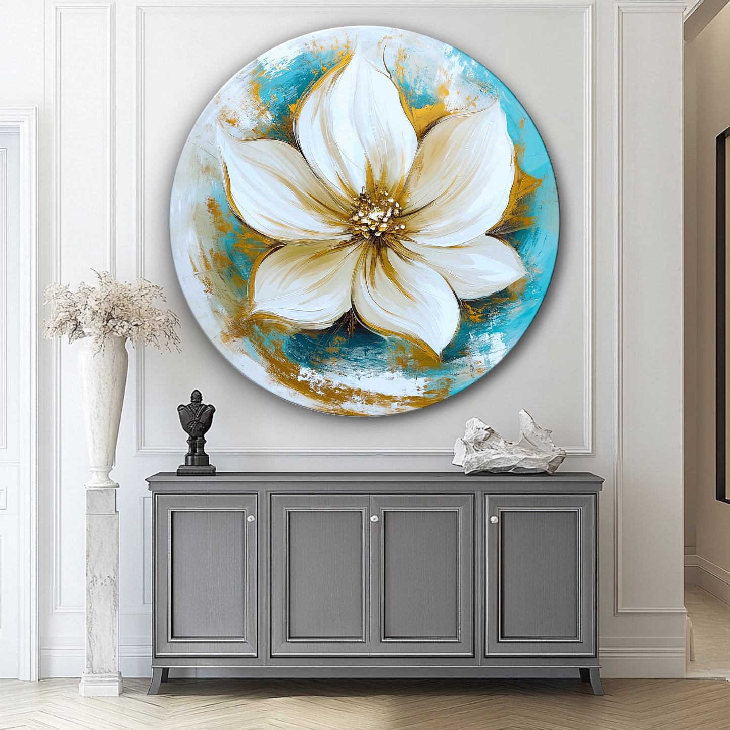 Gold Lotus Çiçeği Yuvarlak Cam Tablo