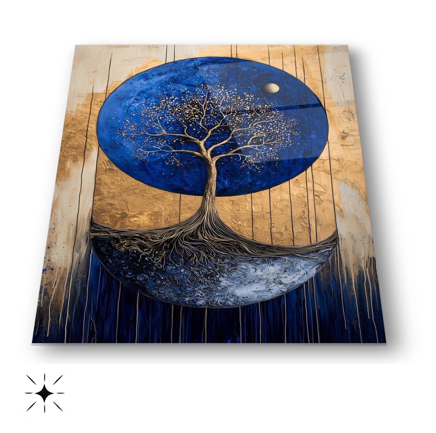Gold Detay Mavi Hayat Ağacı Cam Tablo